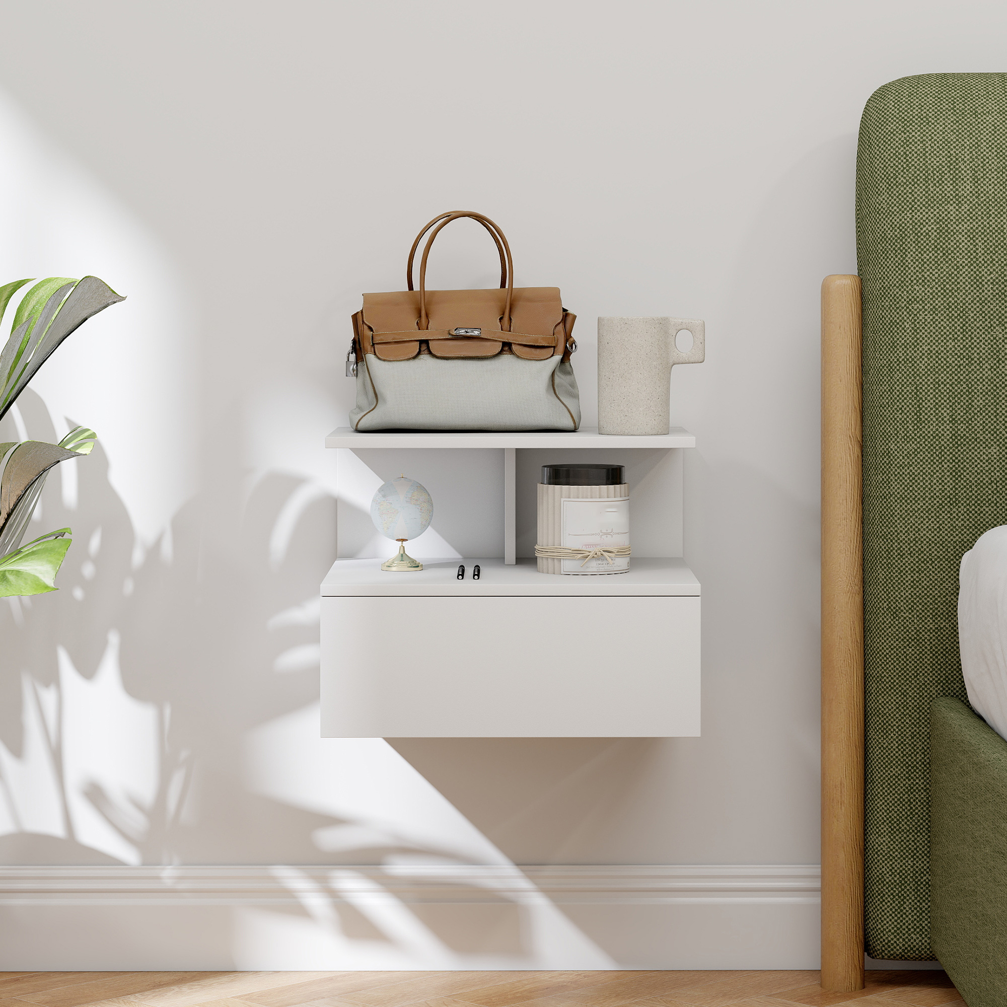 Nachttisch hängend Beistelltisch mit Schublade, offenes Fach Weiß, 39,8 x 35 x 31,6 cm