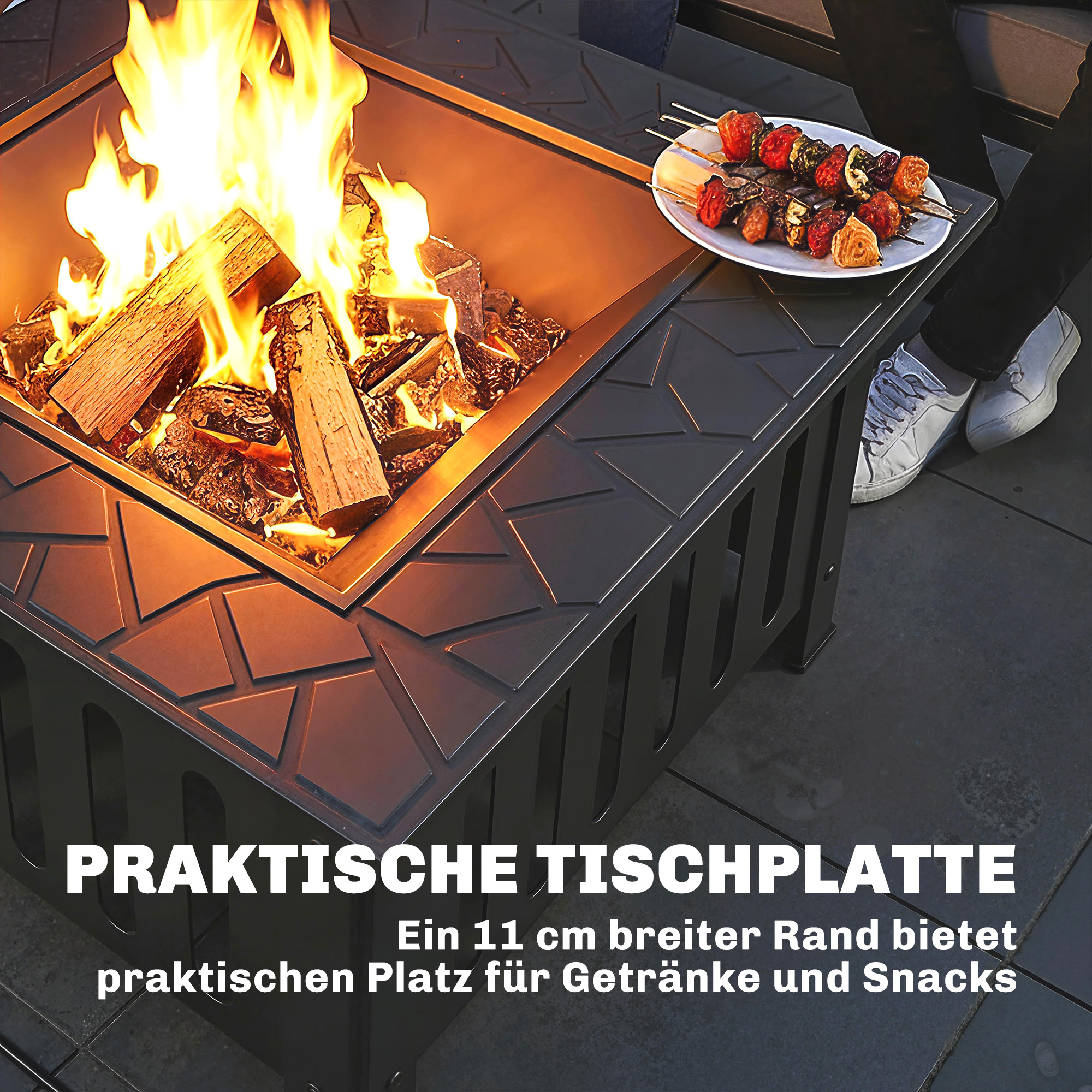 Feuerschale aus Stahl Feuerstelle mit Funkenschutz Schürhaken für Outdoor BBQ Camping 67x67x47cm Schwarz
