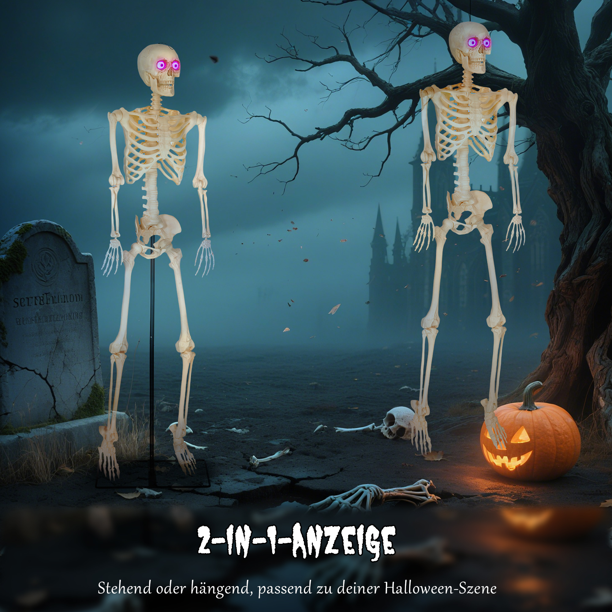 Skelett-Figur, Halloween-Dekoration, bewegliche Arme und Beine, Geräusch-Aktivierung, leuchtende Augen, Batteriebetrieb, 152 cm, Metall, Kunststoff, Gelb