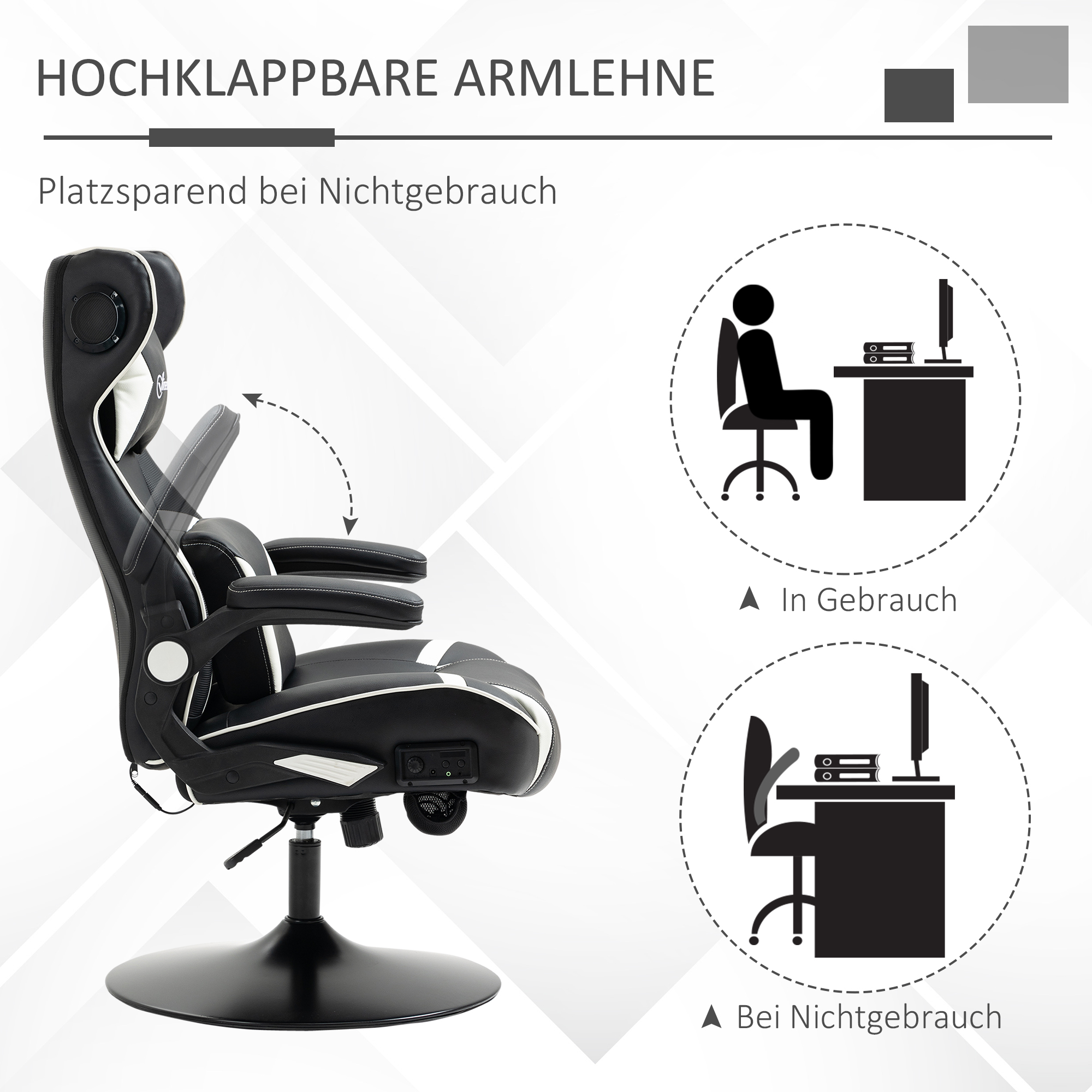 Gamingsessel, Gamingstuhl, integrierte Lautsprecher, neigbare Rücklehne, schwarz+weiß, 69 x 73 x 118cm