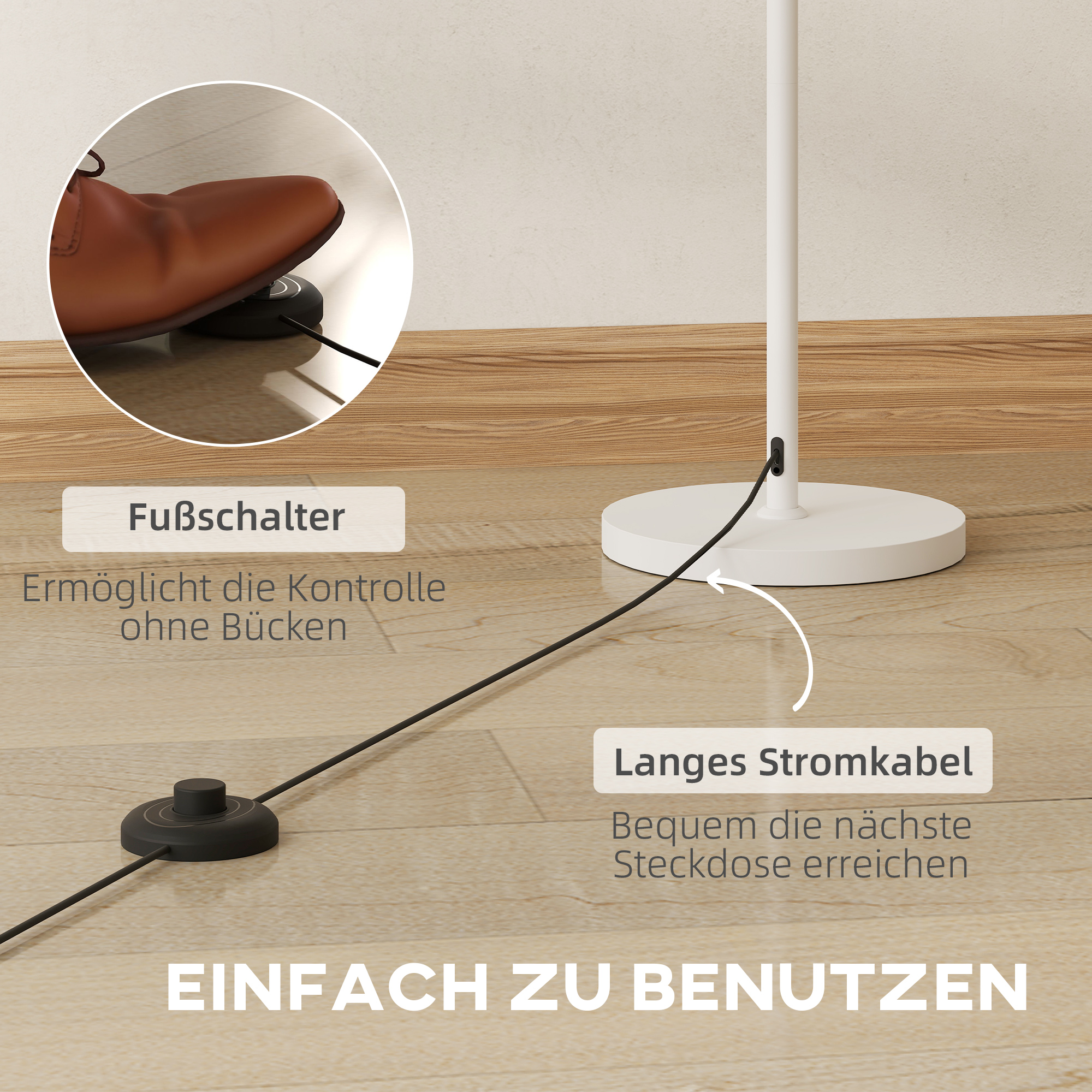 Stehlampe im Retro-Stil, Kunststoff-Lampenschirm, Fußschalter, Metallstab, Weiß