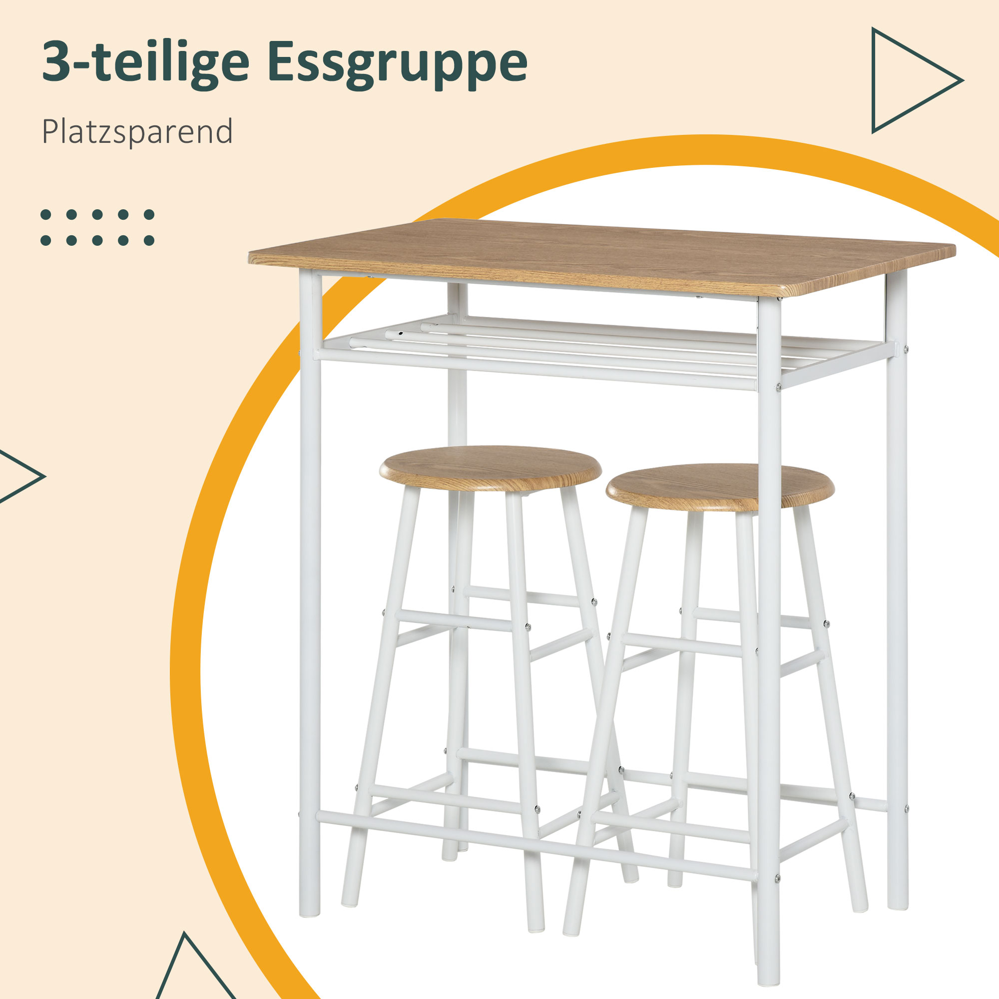 Bartisch Set Bartisch mit 2 Barhockern Essgruppe Küchentisch mit Lagerregal Esstisch für Esszimmer, Küche, Weiß