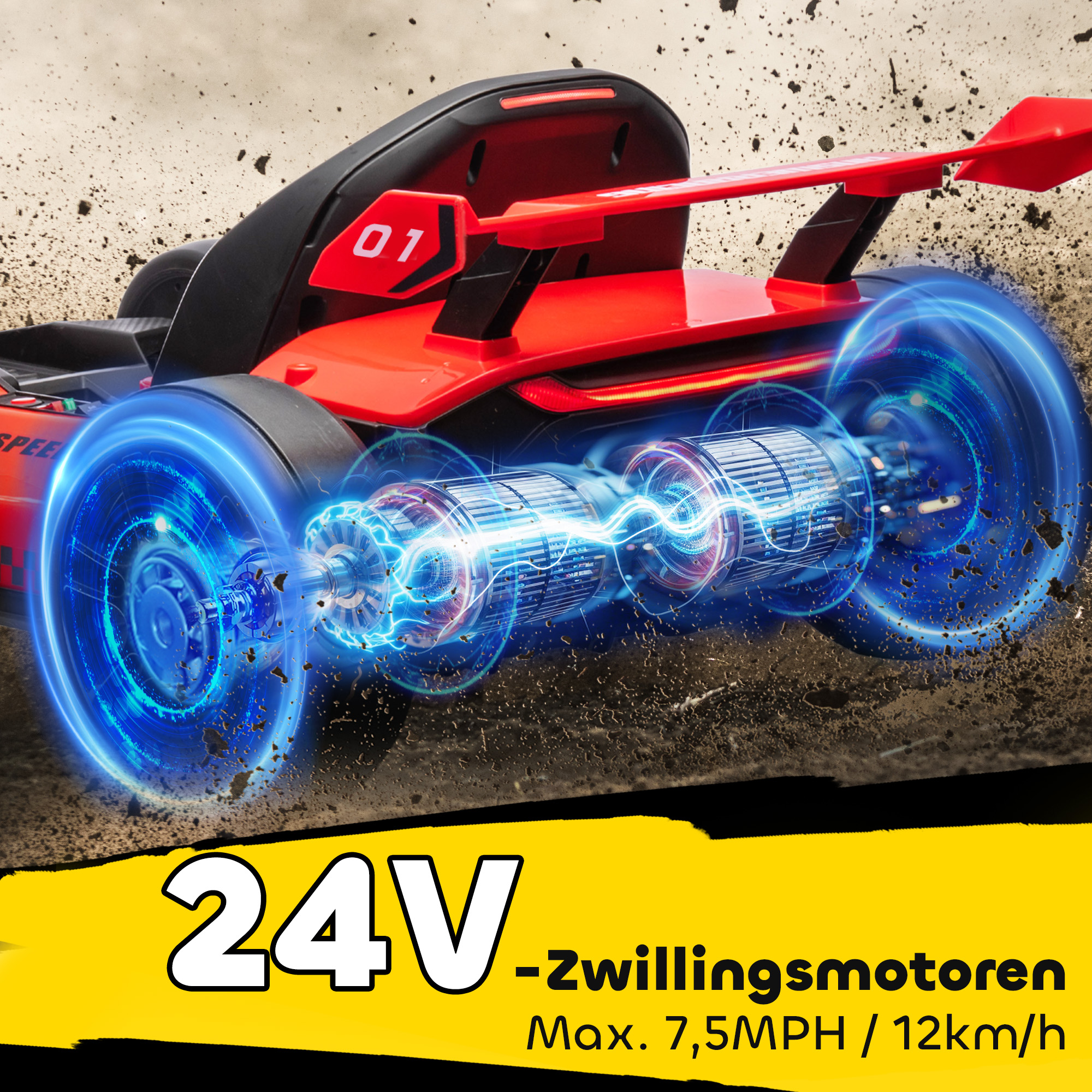 Go-Kart für Kinder, Elektro-Kart mit Hupe und Musikfunktion, verstellbarer Sitz, bis 12 km/h, Kunststoff, Metall, Rot