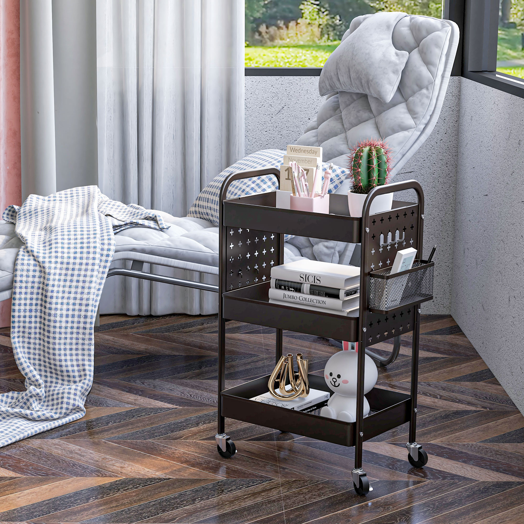 Mehrzweckwagen Rollwagen Küchenwagen, 3 Regale, 4 Rollen, 53,5 cm x 30,5 cm x 75 cm, Schwarz