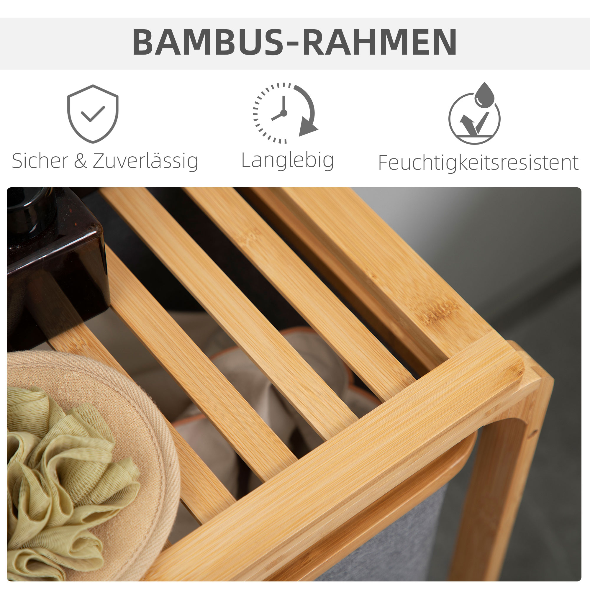 Wäschekorb aus Bambus , 3 abnehmbare Körbe 50 cm x 32 cm x 69,7 cm Natur Grau