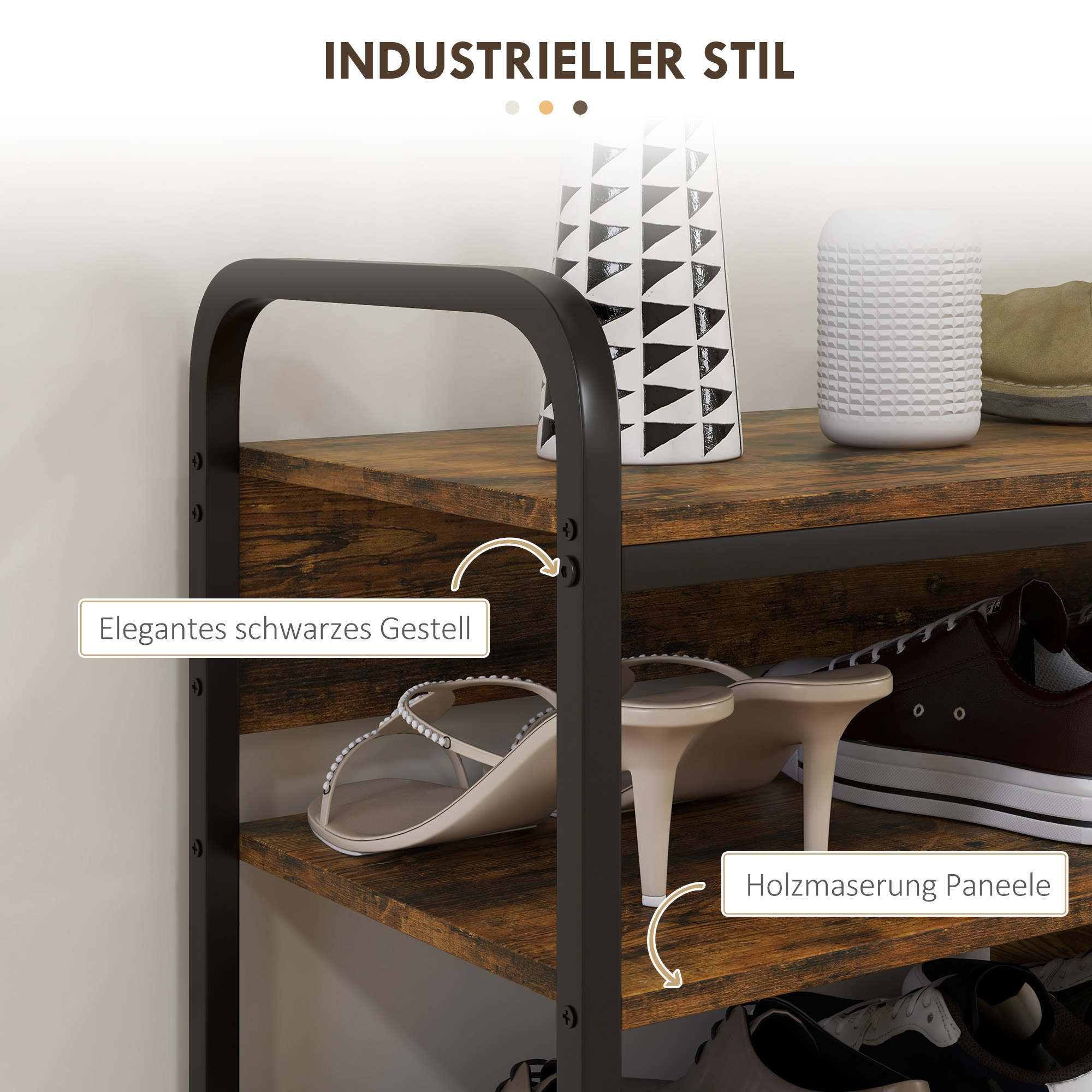 Schuhregal 4-stufig, offenes Design, Metallrahmen, verstellbare Füße, 70x30x65 cm, Braun/Schwarz