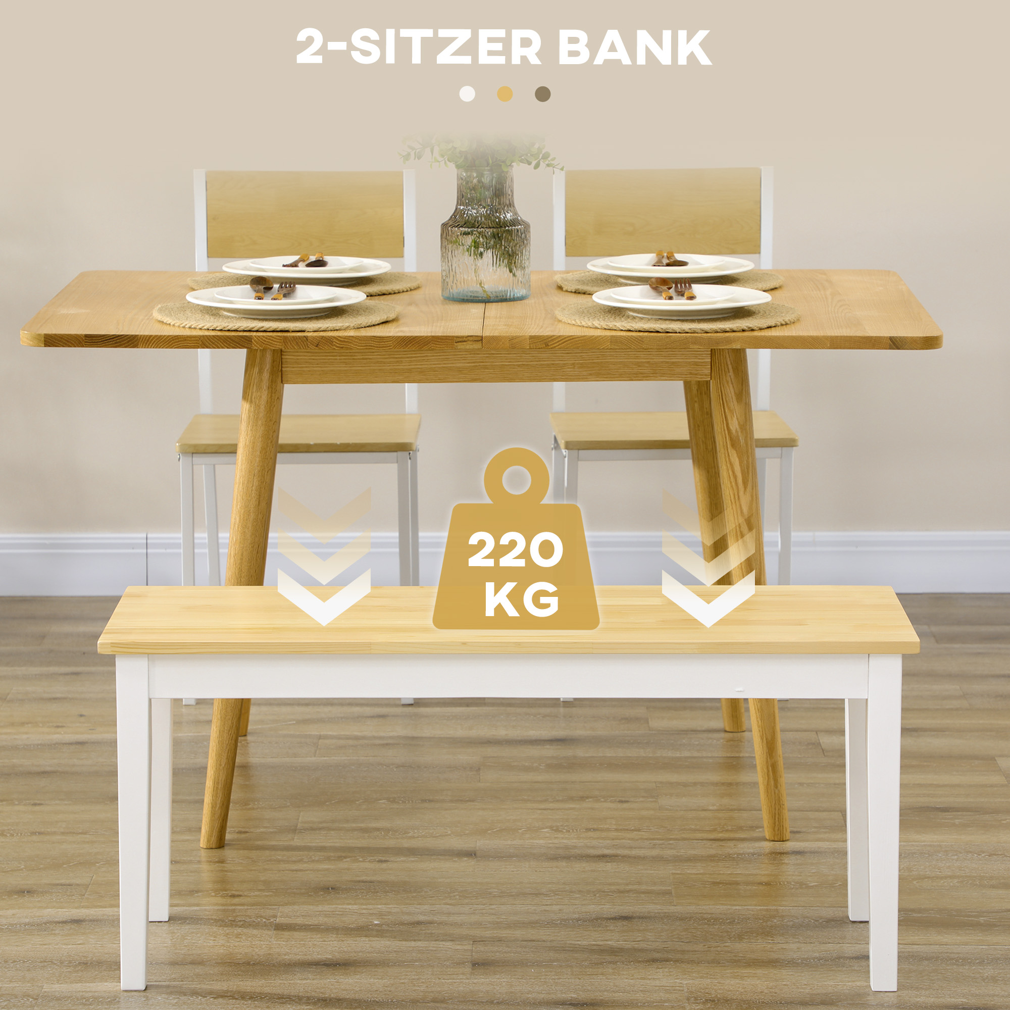 Sitzbank Holzbank 2er-Sitzbank, Massivholz, lackiert, Natur+ Weiß