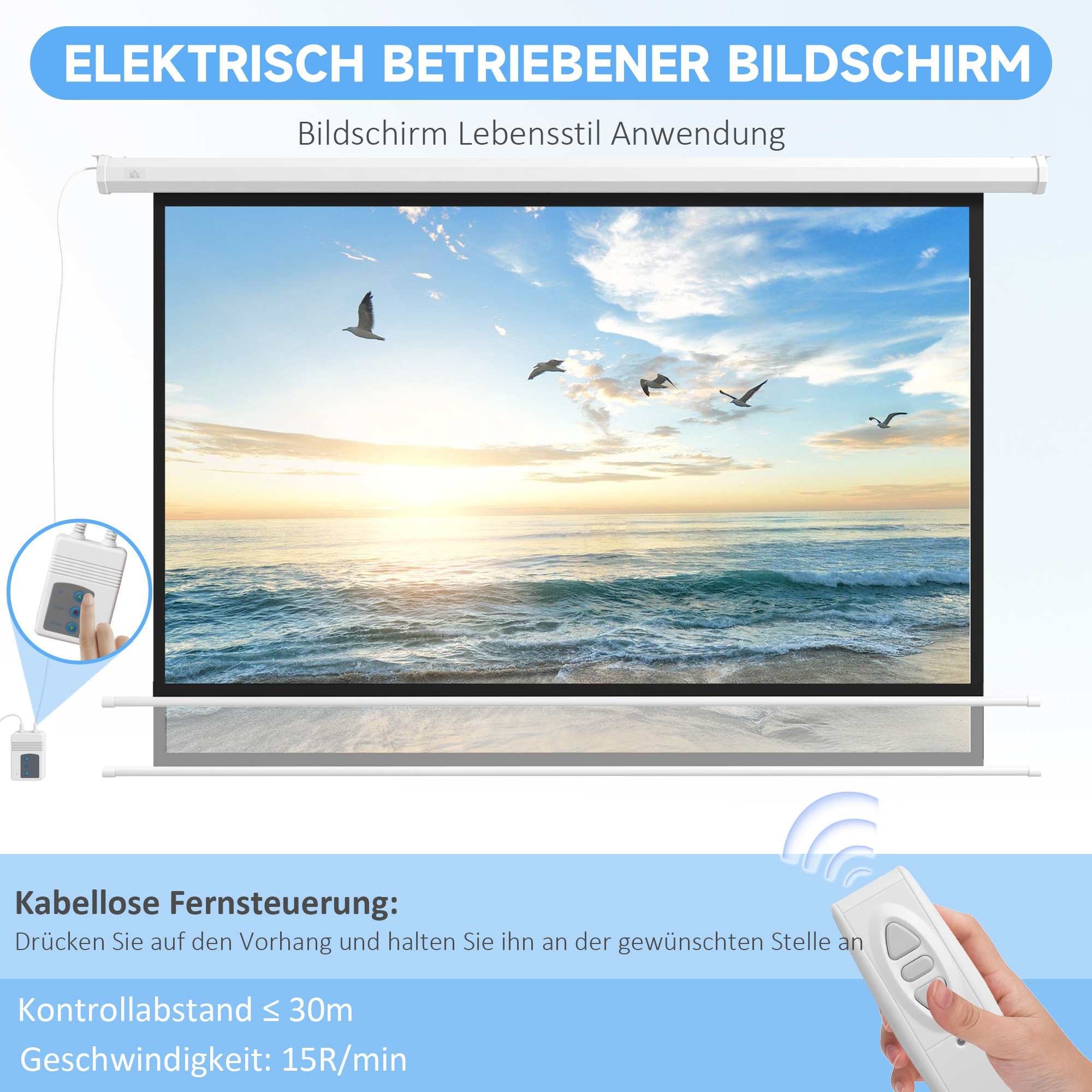 Beamer-Leinwand, 16:9 Format, Fernbedienung, 266 x 149 cm (120 Zoll), Weiß