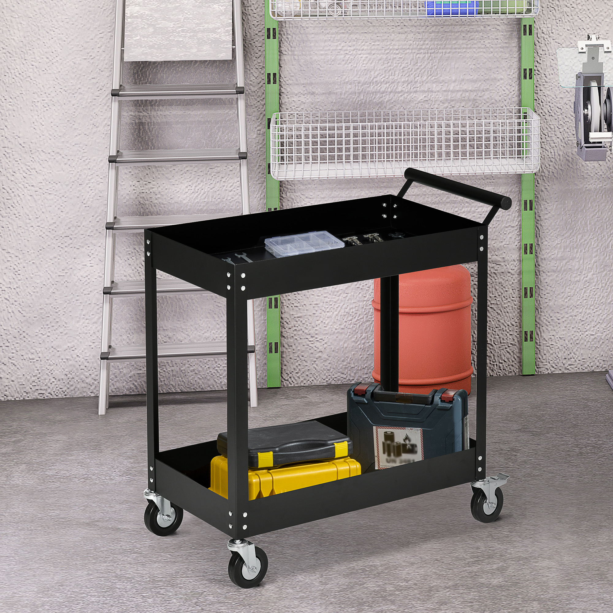 Werkstattwagen, 2 Etagen, Schubkarre, 4 Rollen, Stahl, bis 150 kg, 84,5 x 38 x 84 cm, Schwarz
