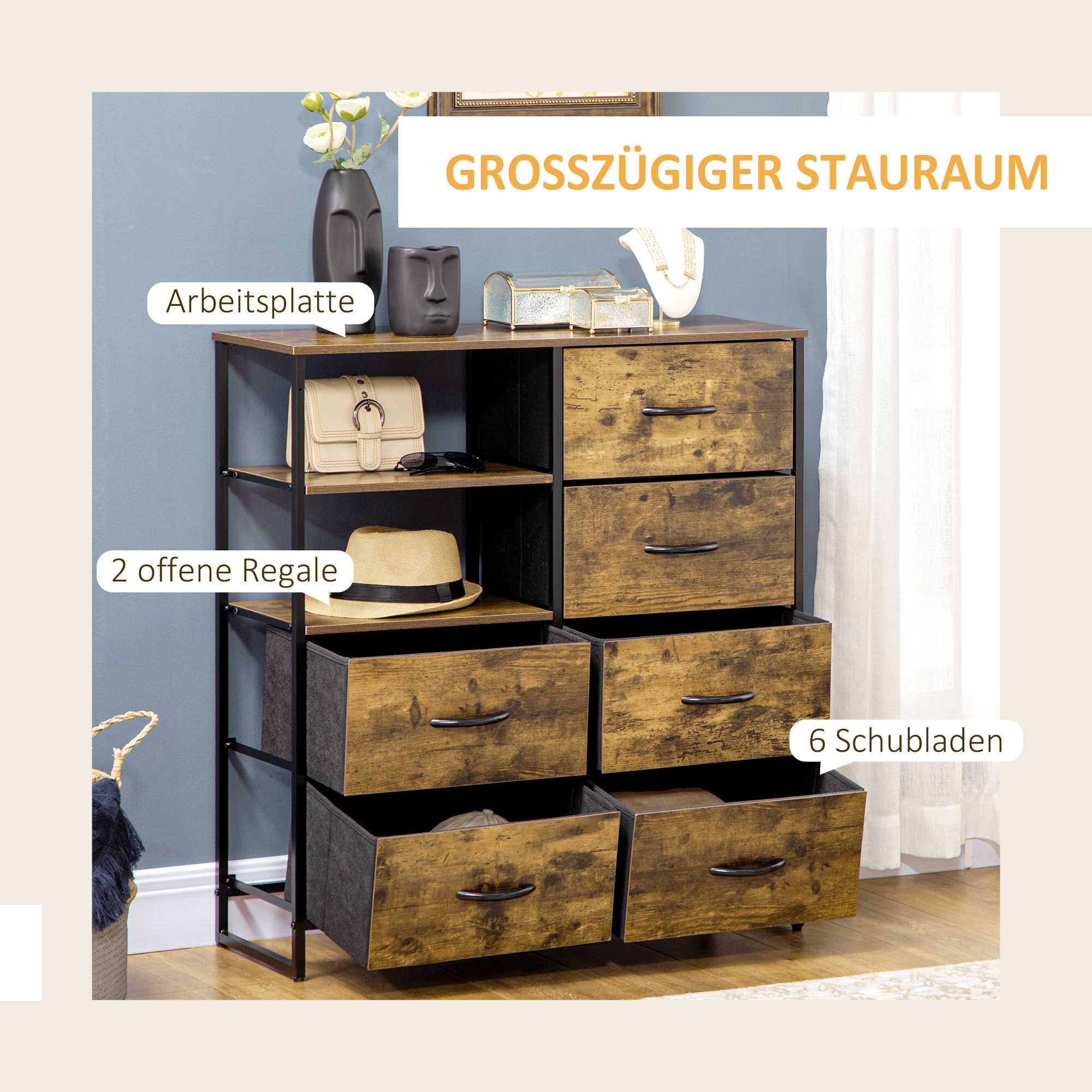 Kommode mit sechs Schubladen, offene Regale, MDF und Stahl, 84x30x92 cm, Braun/Schwarz, verstellbare Füße