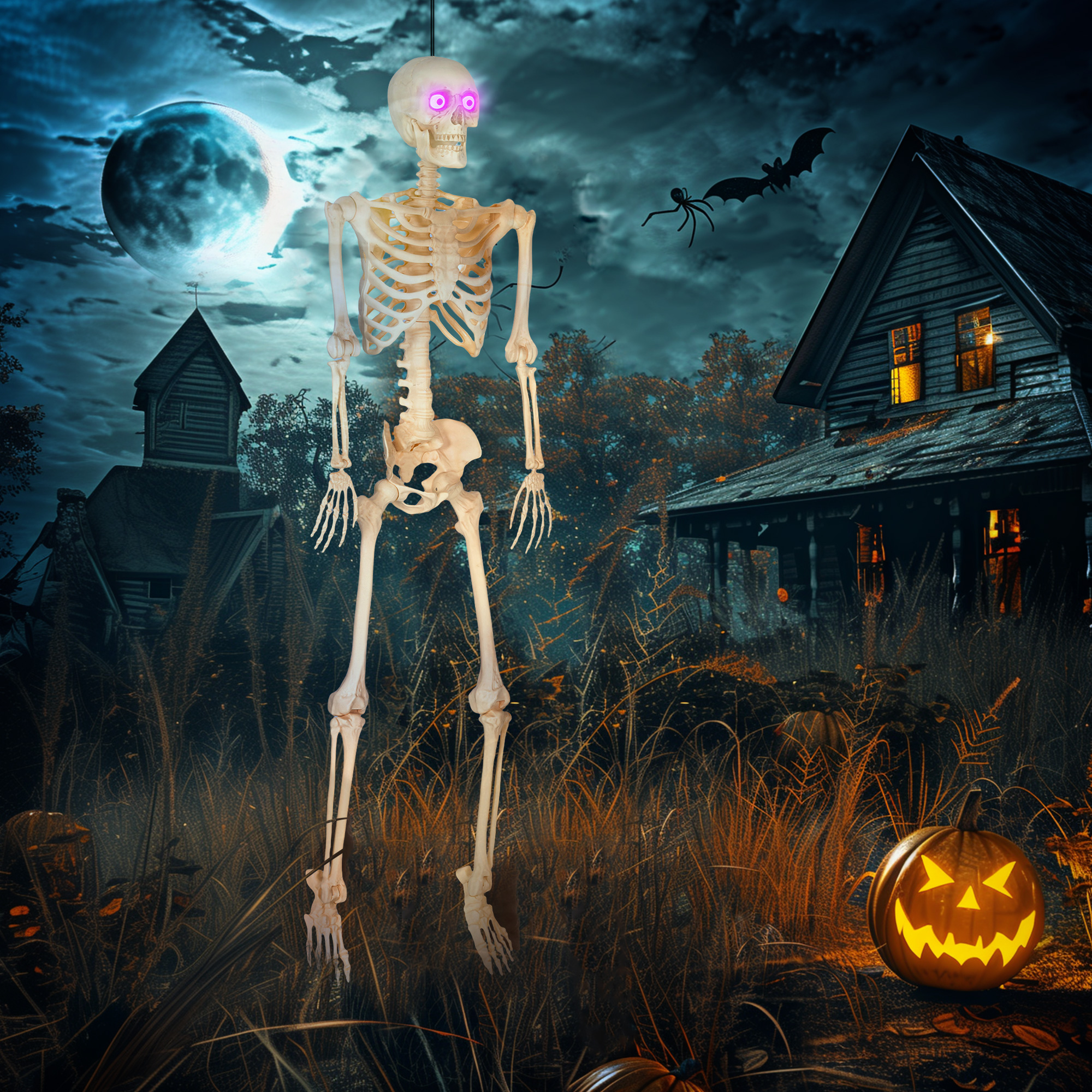 Skelett-Figur, Halloween-Dekoration, bewegliche Arme und Beine, Geräusch-Aktivierung, leuchtende Augen, Batteriebetrieb, 152 cm, Metall, Kunststoff, Gelb