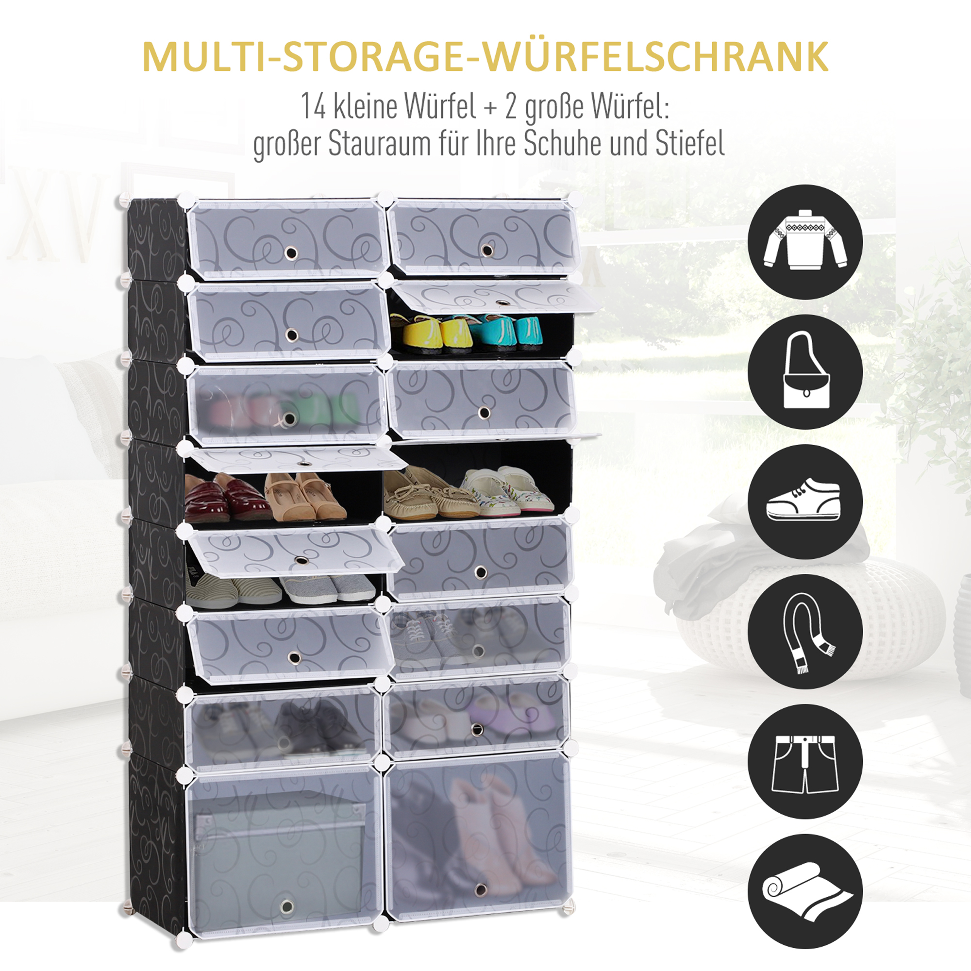 Schuhboxen 16er Set Schuhkarton stapelbar Schuhorganizer Schuhaufbewahrung Aufbewahrungsboxen Regalsystem mit Tür, Schwarz + Weiß
