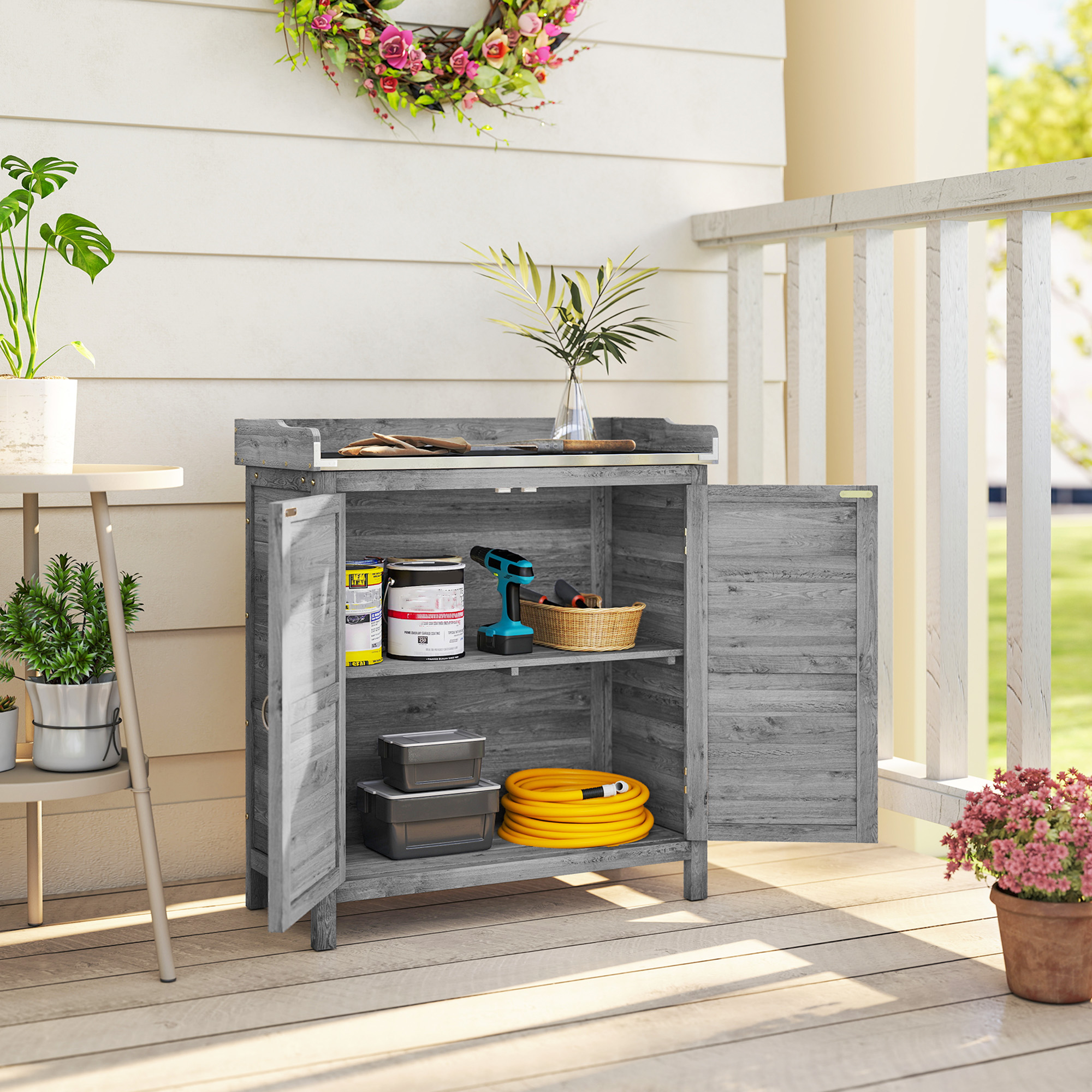Gartenschrank mit Pflanztisch, Holz Geräteschuppen mit verzinkter Arbeitsplatte 2 Regalböden Grau