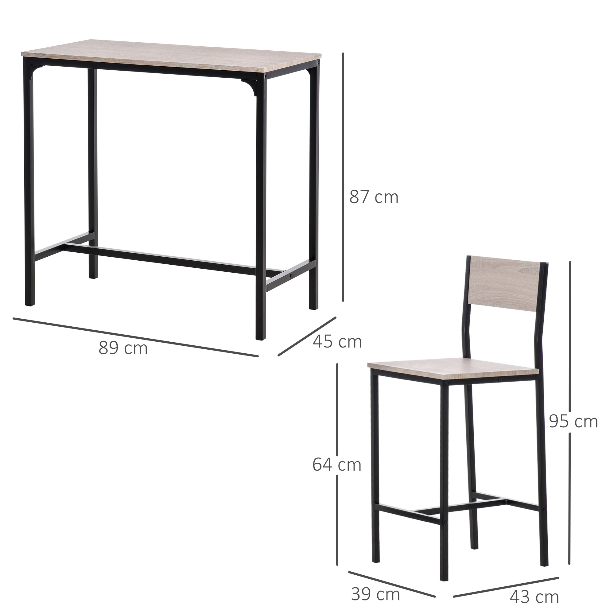 Bartisch Set Bartisch mit Barhocker-Set Esstisch mit 2 Stühlen mit Rückenlehne Küchentisch für Esszimmer, Küche, Natur+Schwarz