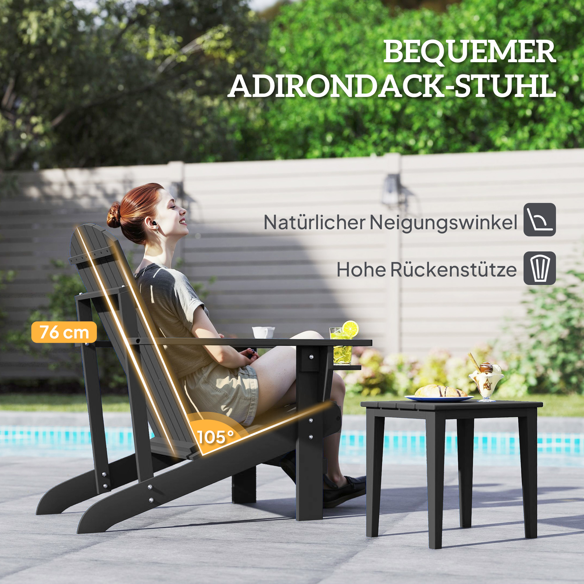 Adirondack-Gartenstuhl mit Becherhalter Gartenliege Balkonstuhl Massivholz Schwarz 72 x 95 x 93 cm