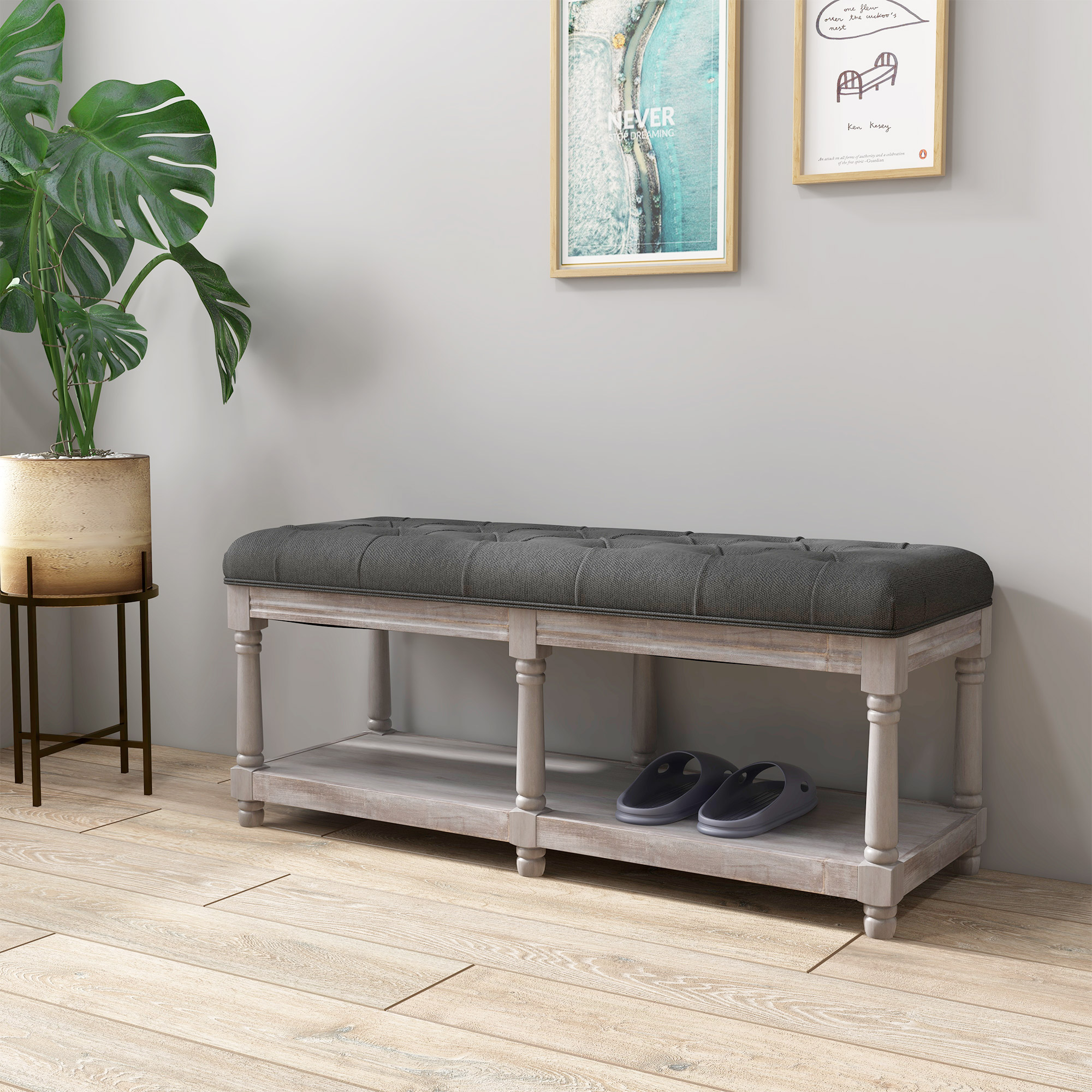 Sitzbank mit Stauraum, Vintage-Design, Knopfheftung, Kautschukbaumholz, 115x40x48cm, Grau