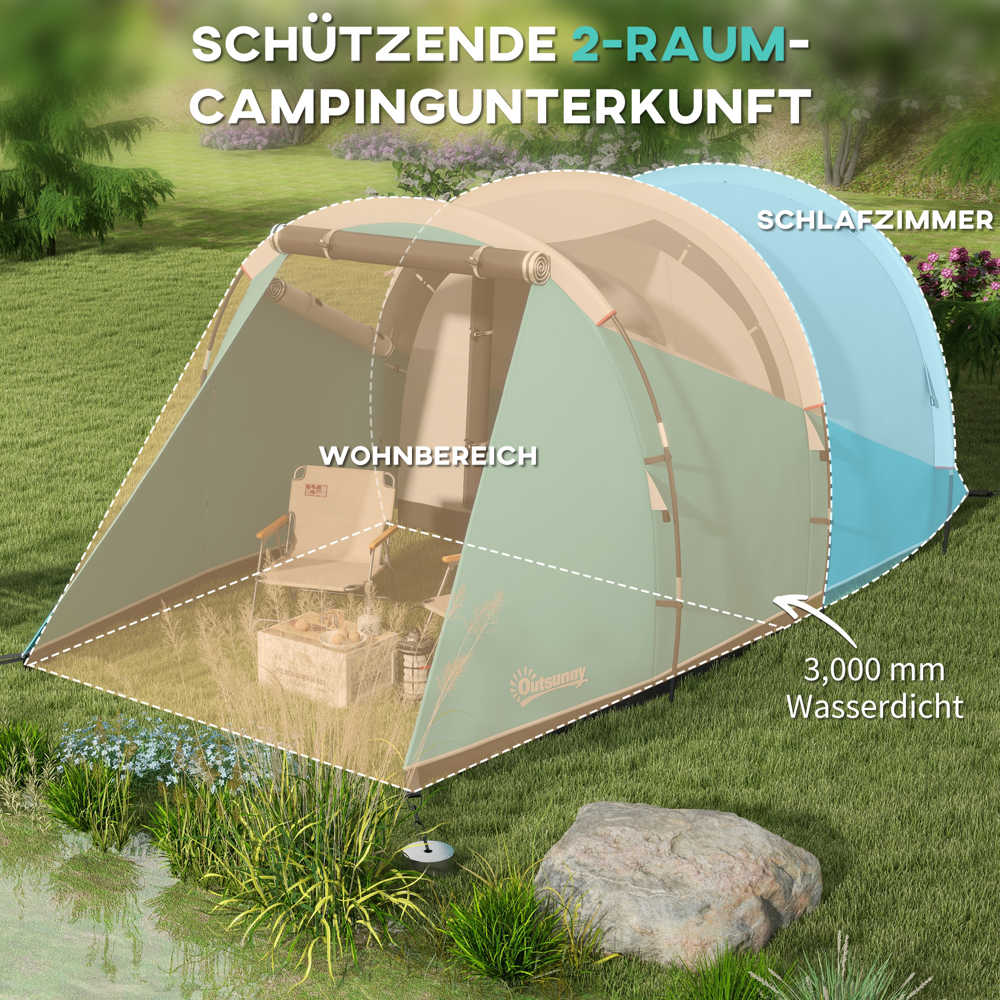 Campingzelt für 3 Personen, separate Wohn- & Schlafräume, 460L x 260B x 190H cm, Blau