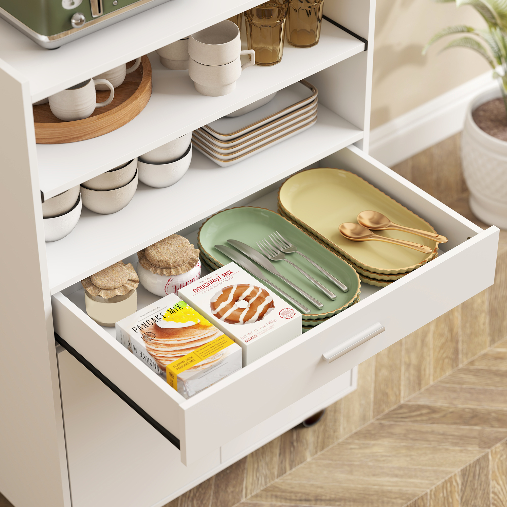 Mikrowellenschrank, Regal, Doppeltürschrank, Schublade, Rollen, Weiß