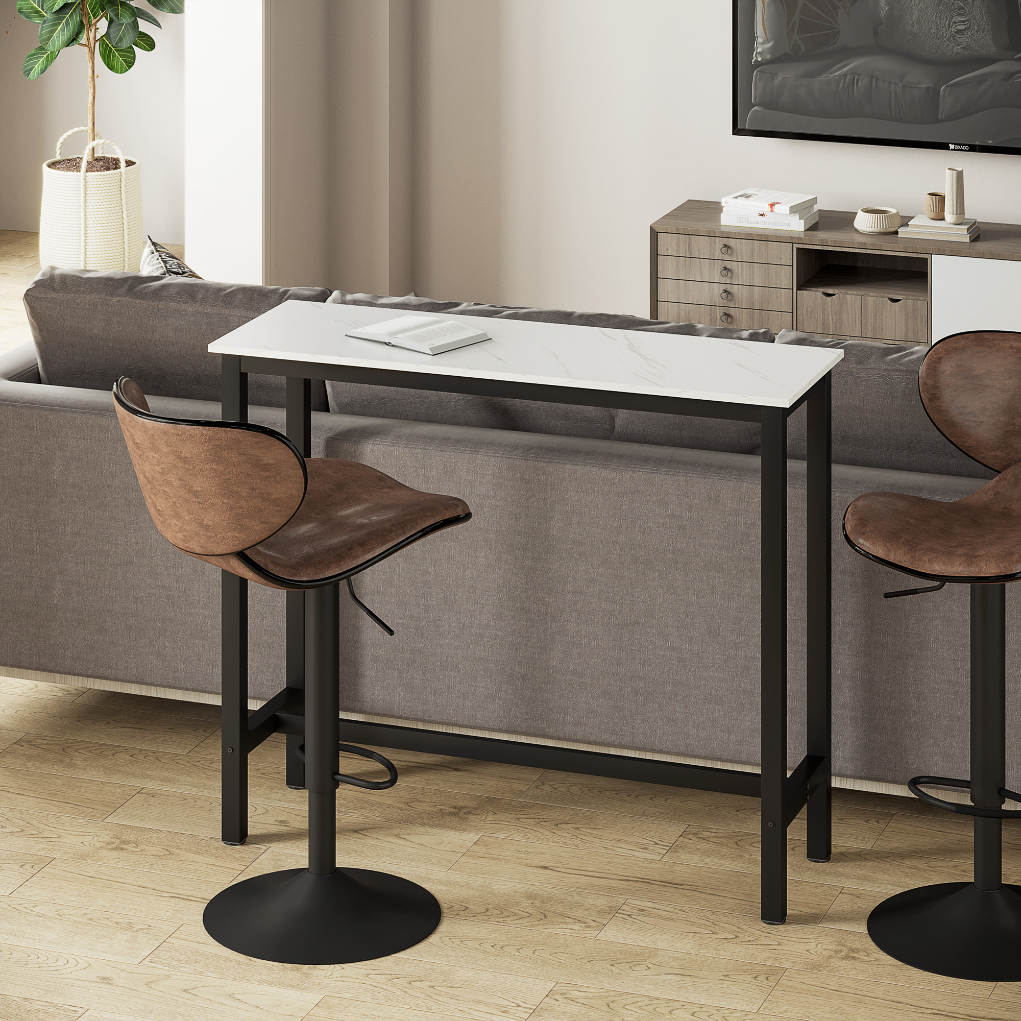 Bartisch in Marmoroptik, Stahlrahmen, Nivellierfüße, 120x40x100 cm, Weiß/Schwarz