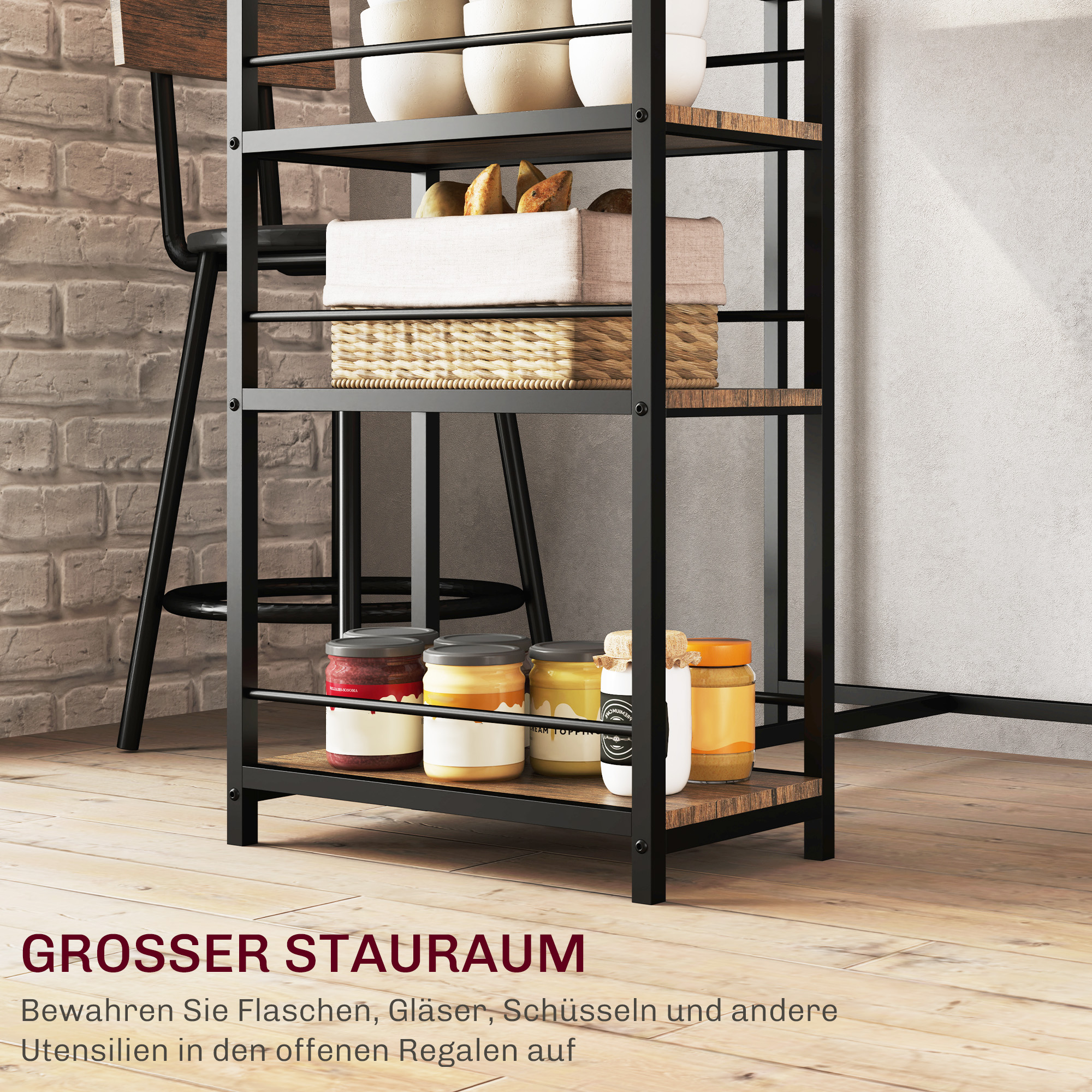 3-teiliges Ess-Set mit Bartisch und 2 Stühlen, Kleines Küchenset mit seitlichen Regalen, MDF, Metall, Schwarz