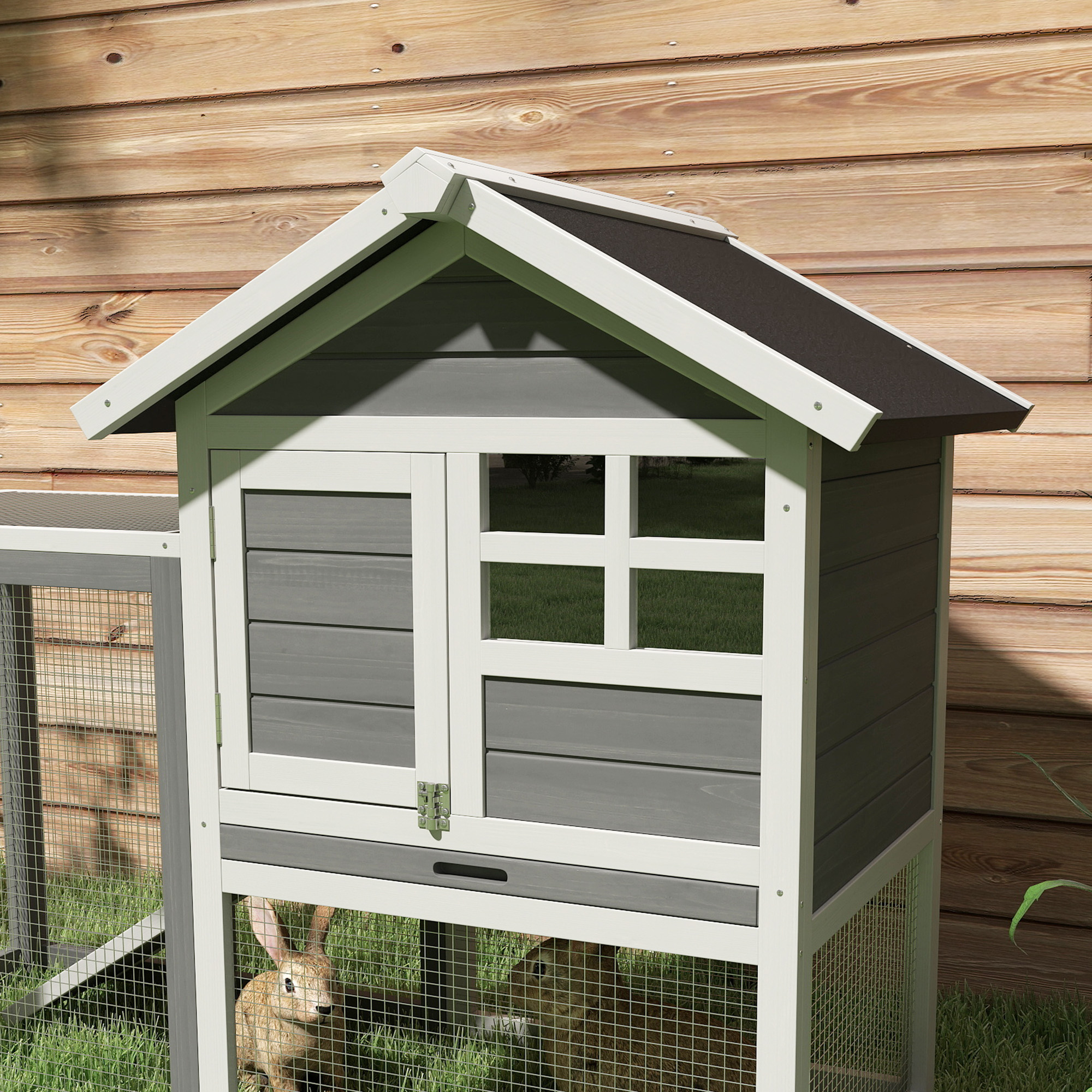 Hasenstall 2 Etagen Kaninchenstall aus Holz 123,5x62,6x92,5 cm Kaninchenkäfig mit Bitumendach Freilaufgehege Rampe Türen Herausnehmbare Bodenwanne Hasenkäfig für Kaninchen Outdoor Grau+Weiß