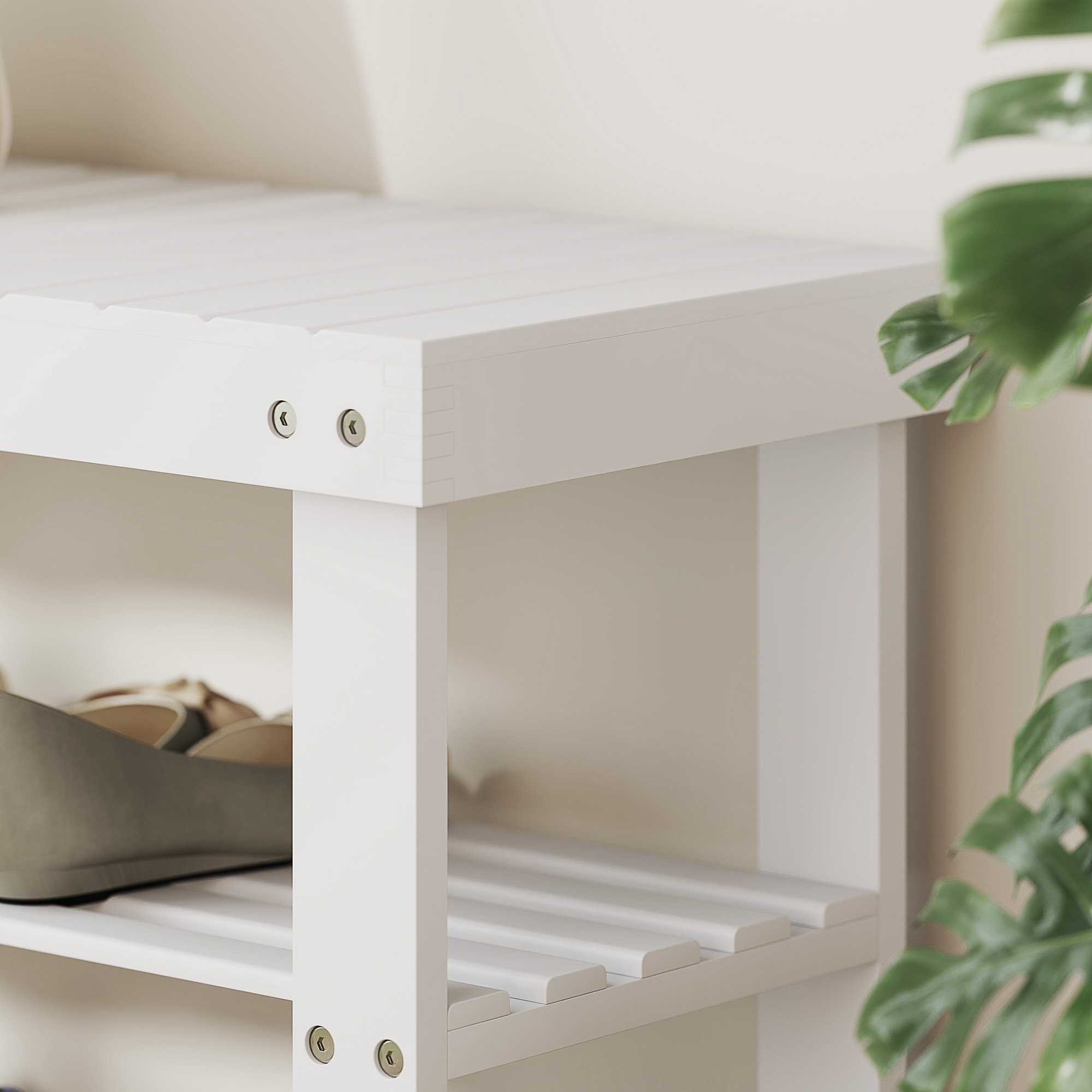Schuhbank Bambus mit 2 Ablagen, Sitzbank mit Stauraum, für Flur, 70x28x45 cm, Weiß