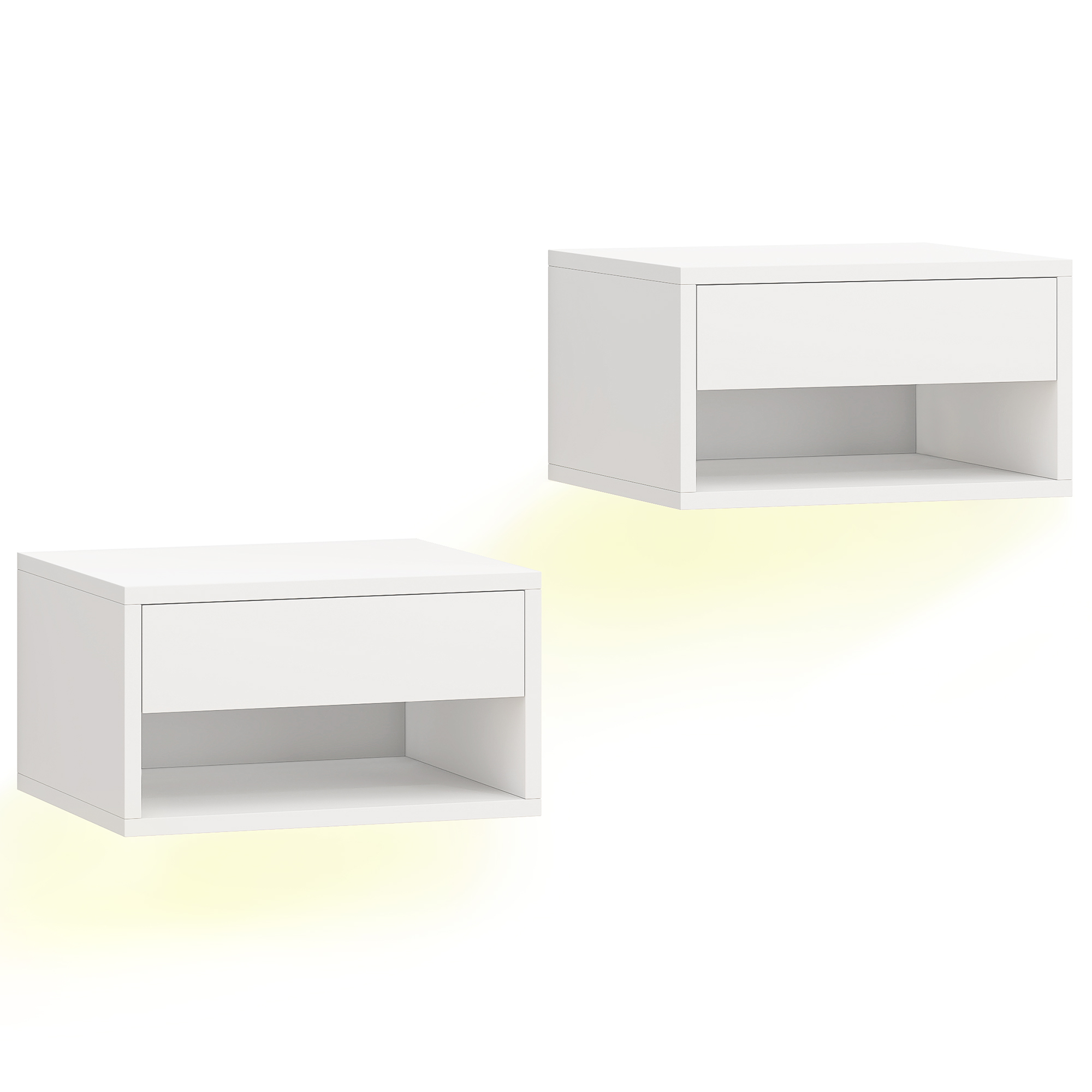 Nachttisch 2er-Set mit RGB-LED-Beleuchtung, schwebender Nachtschrank mit Schublade und offenem Fach, Weiß