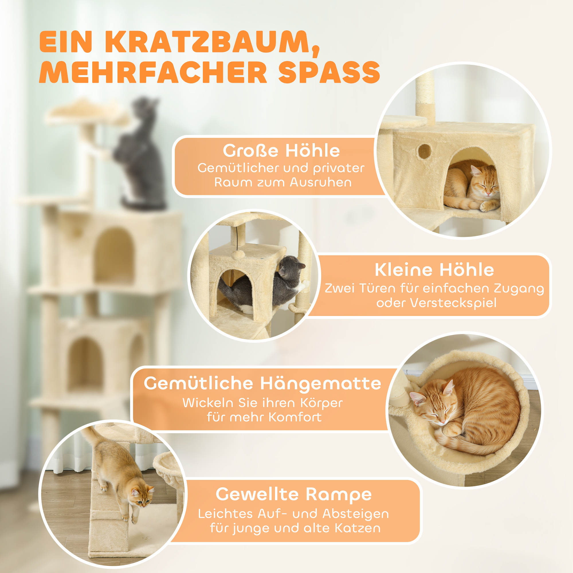 Kratzbaum 160 cm Katzenturm mit Hängematte, Leiter, Höhle, 2 Plüschballen, Sisalstämme, 48 x 48 x 160 cm, Beige
