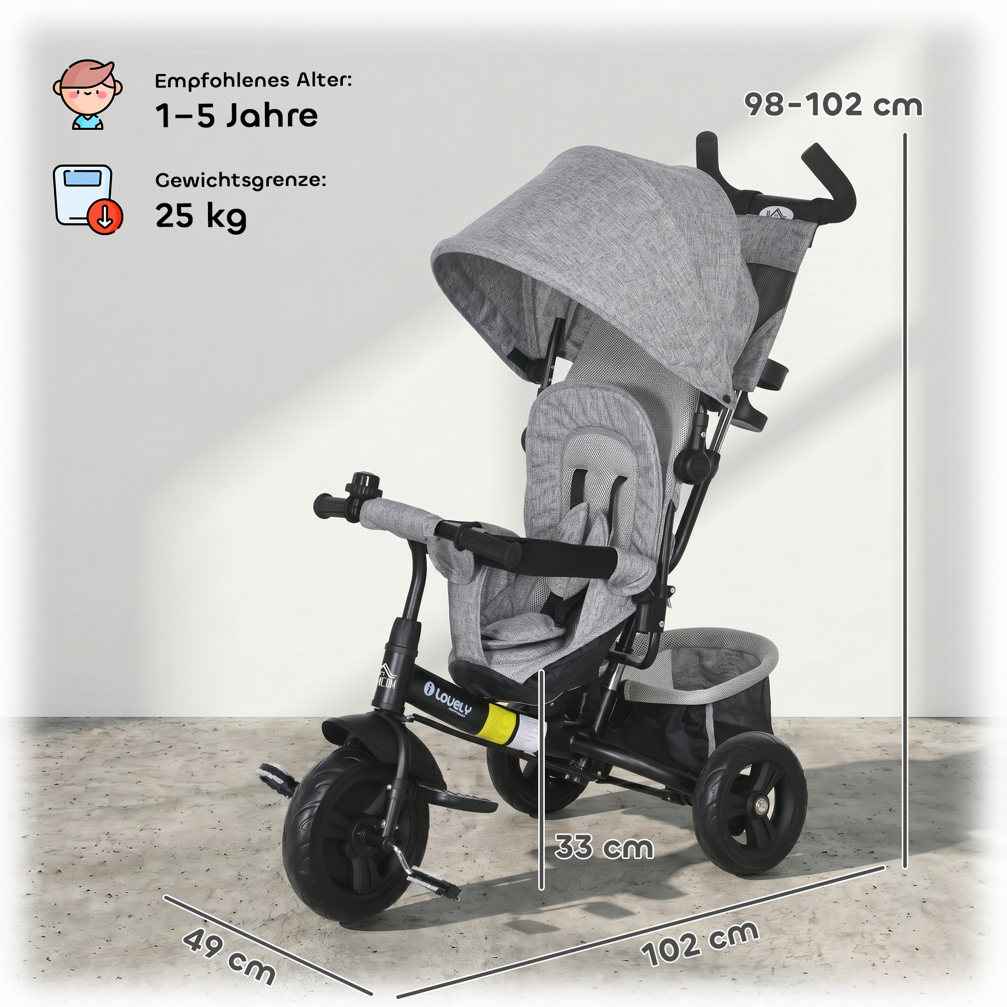 Kinder-Dreirad, Kinderfahrrad, Rückenkorb, Becherhalter, Sonnendach, Metall, Grau
