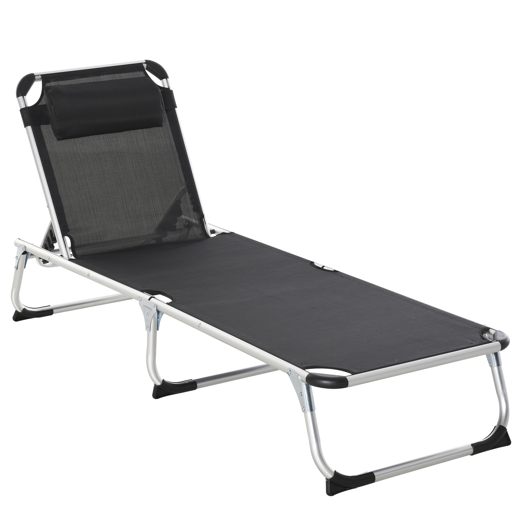 Sonnenliege faltbar Gartenliege mit Kopfkissen Liegestuhl mit der 4-stufig verstellbaren Rückenlehne Campingliege bis 120 kg belastbar für Outdoor-Park, Garten, Schwarz