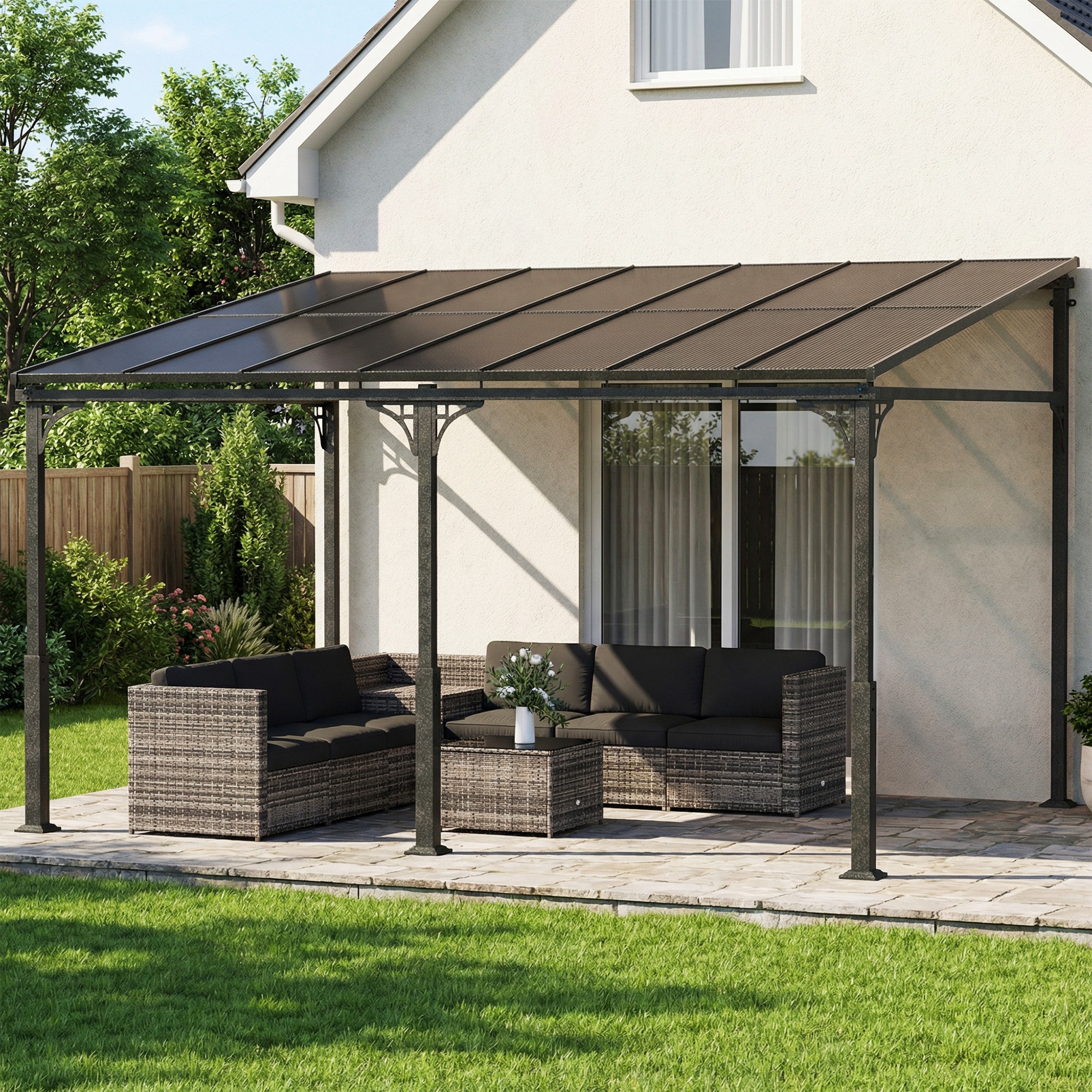 Anbaupavillon 4 x 3m Terrassenüberdachung mit schrägen Polycarbonat-Dach Metall-Aluminium-Rahmen, Wandmontage