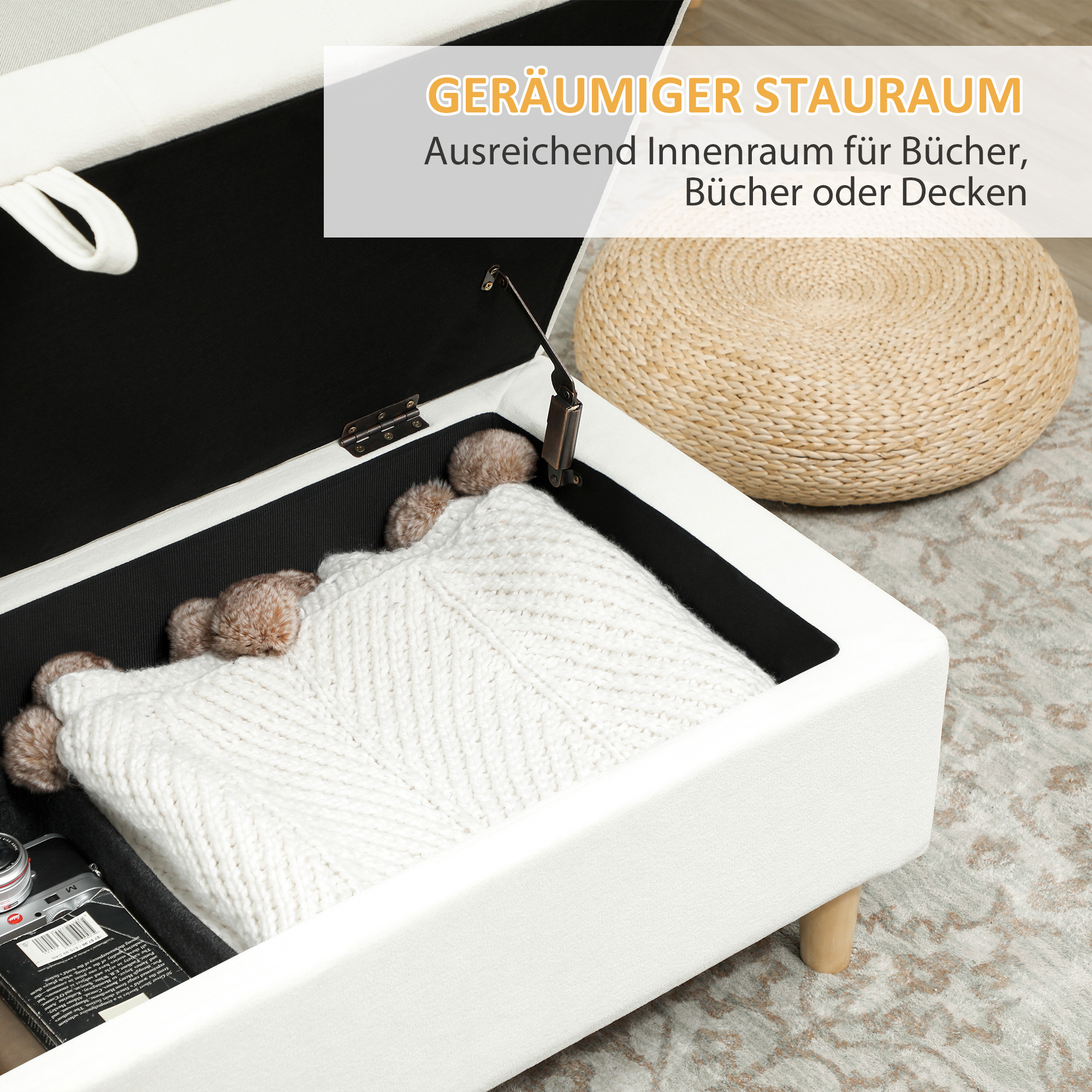 Polsterhocker mit Stauraum, Holzbeine, weicher Stoffbezug, Cremeweiß