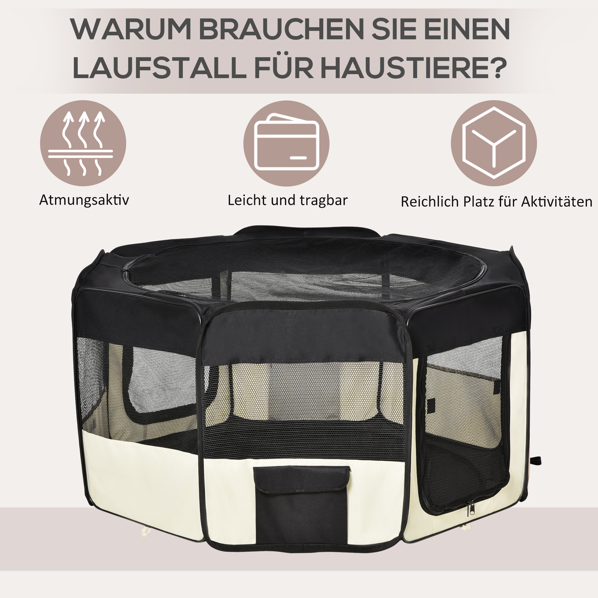 Welpenauslauf, Faltbar Welpenlaufstall mit Netzabdeckung, Laufstall für Hunde, Katzen, Kleintiere, Hundelaufstall aus atmungsaktives Netz, für Wohnung, Ø120 x 58H cm  Schwarz+Cremeweiß