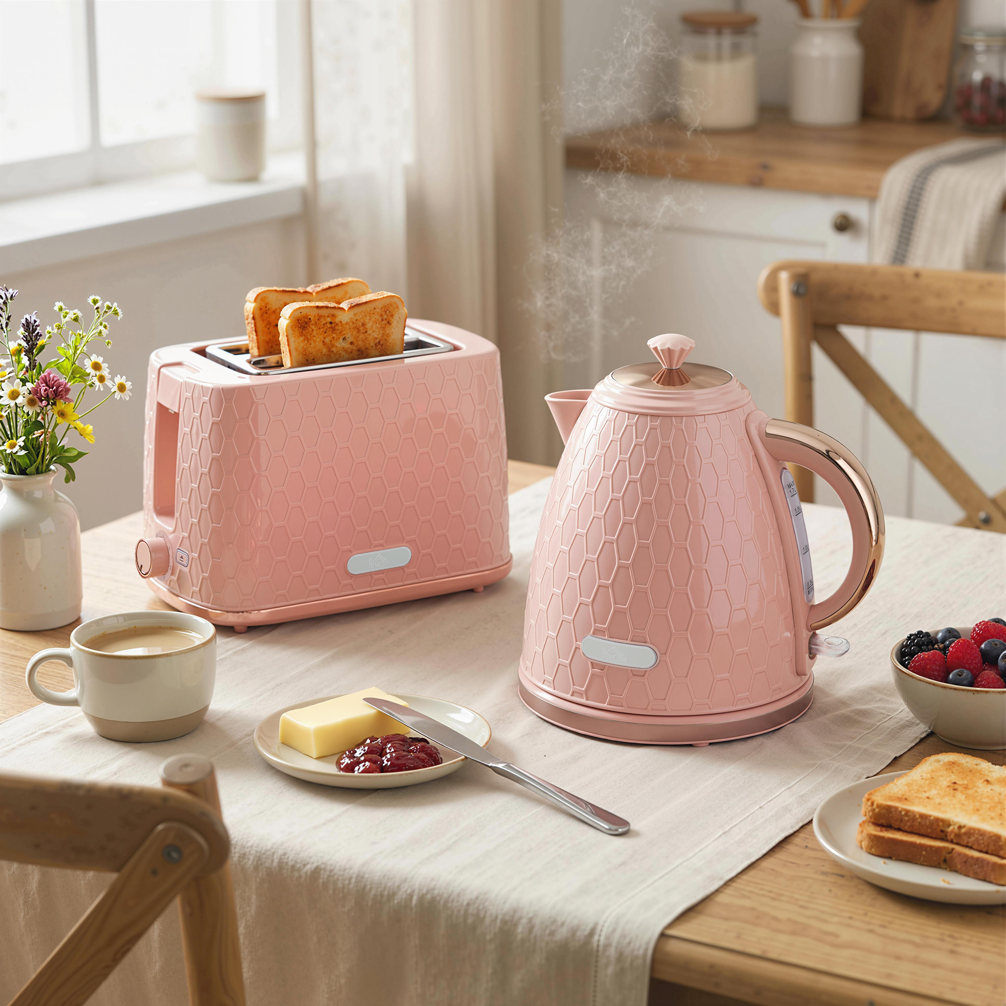 Wasserkocher- und Toaster-Set, 1,7L 2200W Schnellkoch-Wasserkocher mit automatischer Abschaltung und 2-Scheiben-Toaster mit Krümelschublade, Rosa