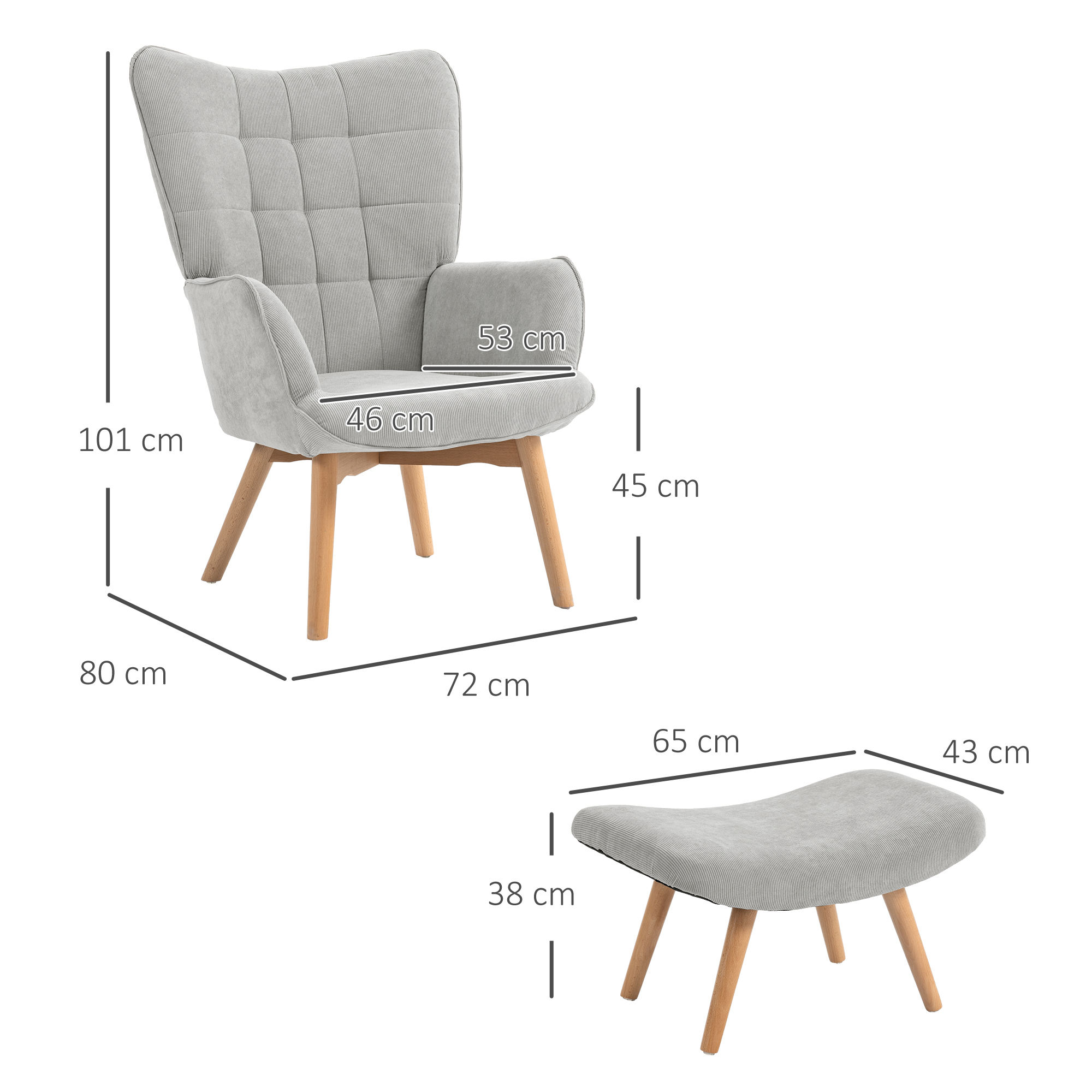 Akzentsessel mit Hocker, Relaxsessel in Cord-Optik, Armlehnstuhl mit Holzbeinen, für Wohnzimmer, Grau