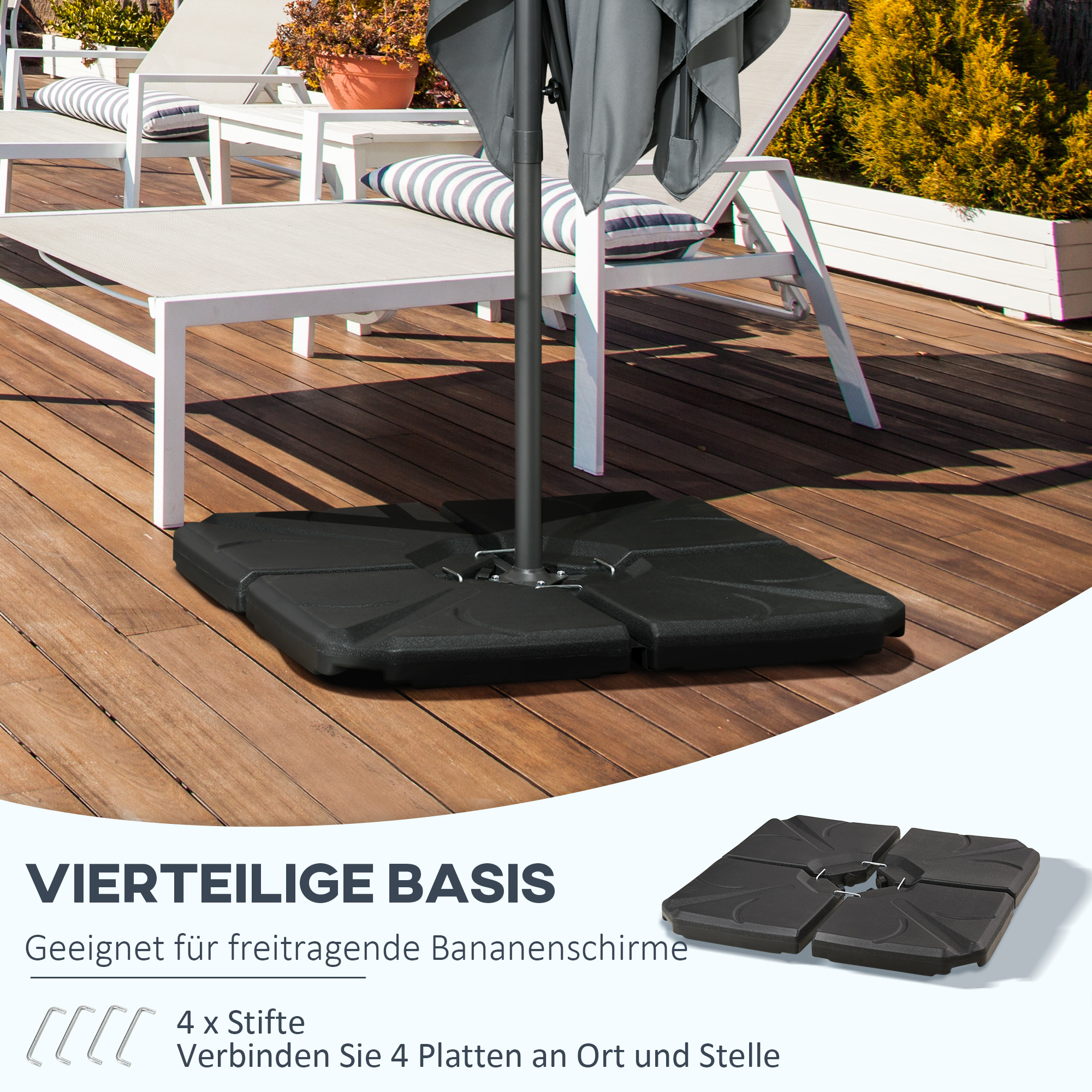 Basisgewichte für Sonnenschirmständer, mit Wasser und Sand befüllbar, Kunststoff, 103L x 103B x 8,3H cm, Schwarz