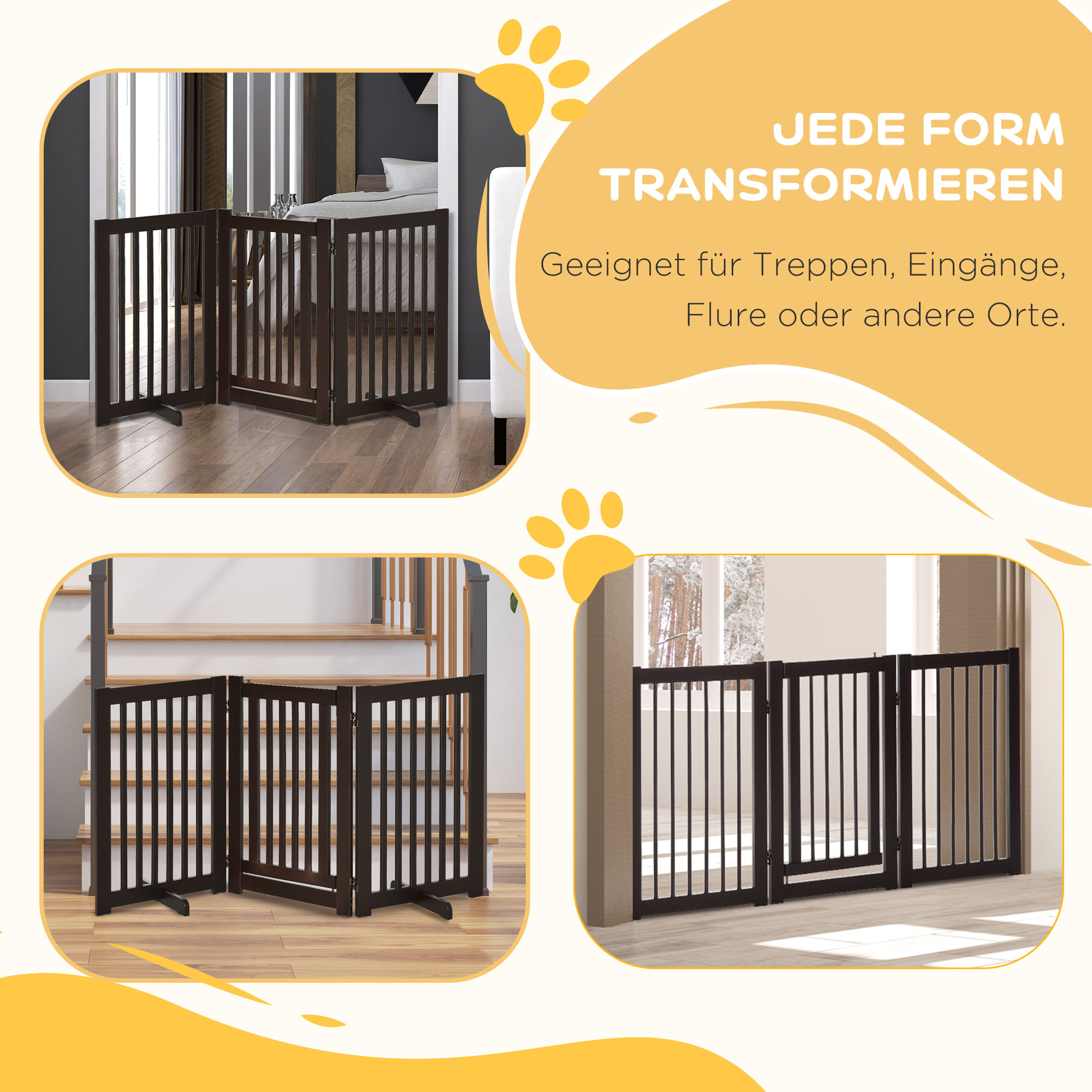 Absperrgitter Hund Freistehendes Verstellbares Schutzgitter mit Füßen 155 x 76 cm Holz Hundegitter Klappbar Treppenschutzgitter für Treppen, Türen, Küche, Flur, 3 Paneelen, Dunkelbraun