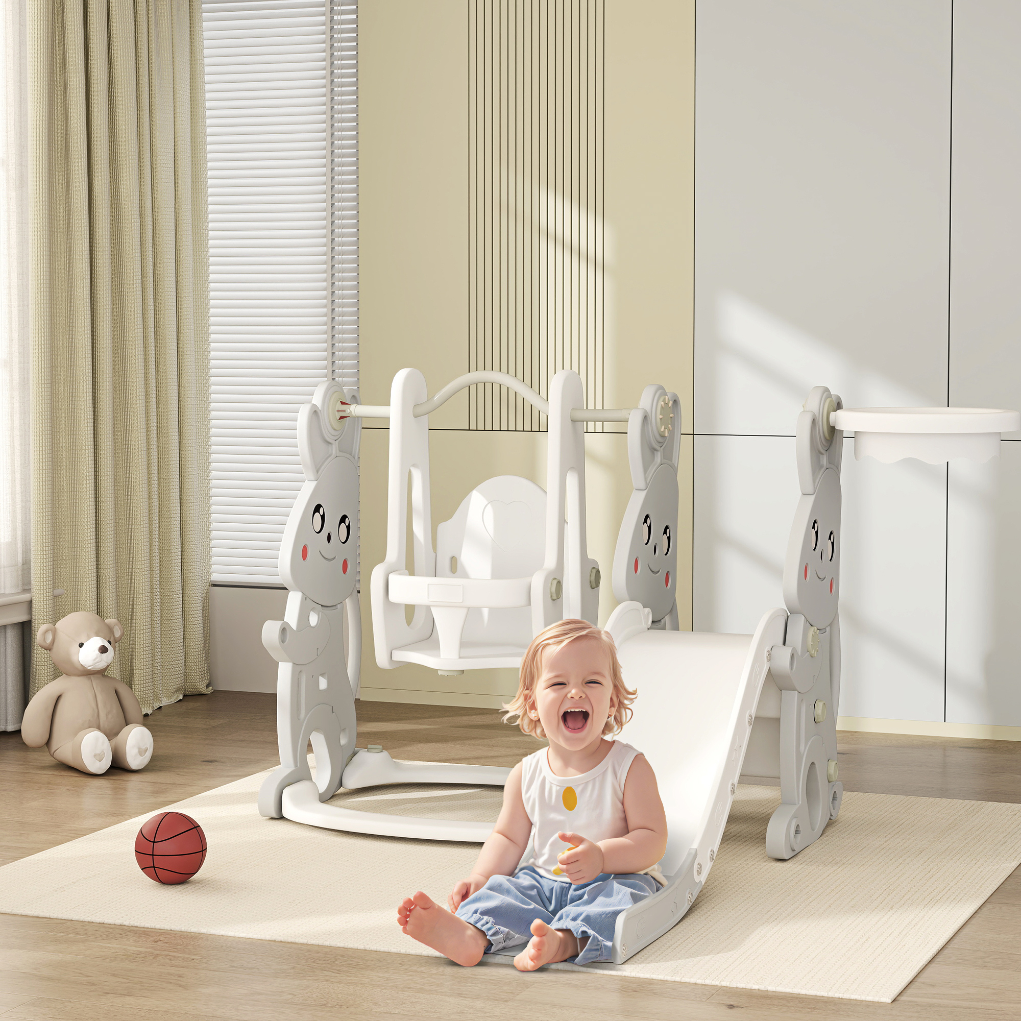 4-in-1 Spielset für Kleinkinder, Rutsche, Schaukel, Klettergerüst, Basketballkorb, Kunststoff, Hasendesign, Grau