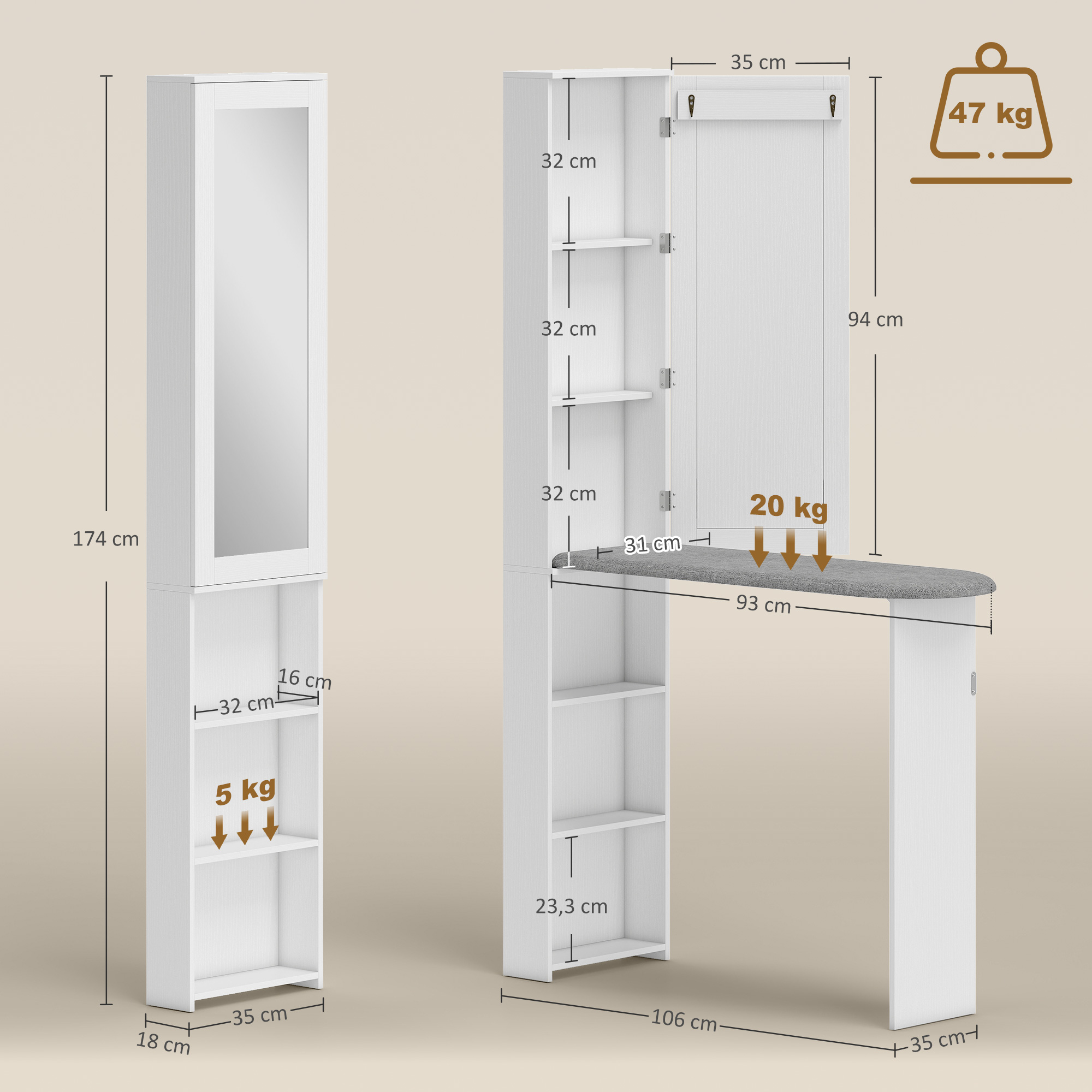 Bügelbrettschrank mit Tür internen Regalen Spiegel Platzsparend Bügeltisch für Wäschepflege 106x35x174 cm Weiß