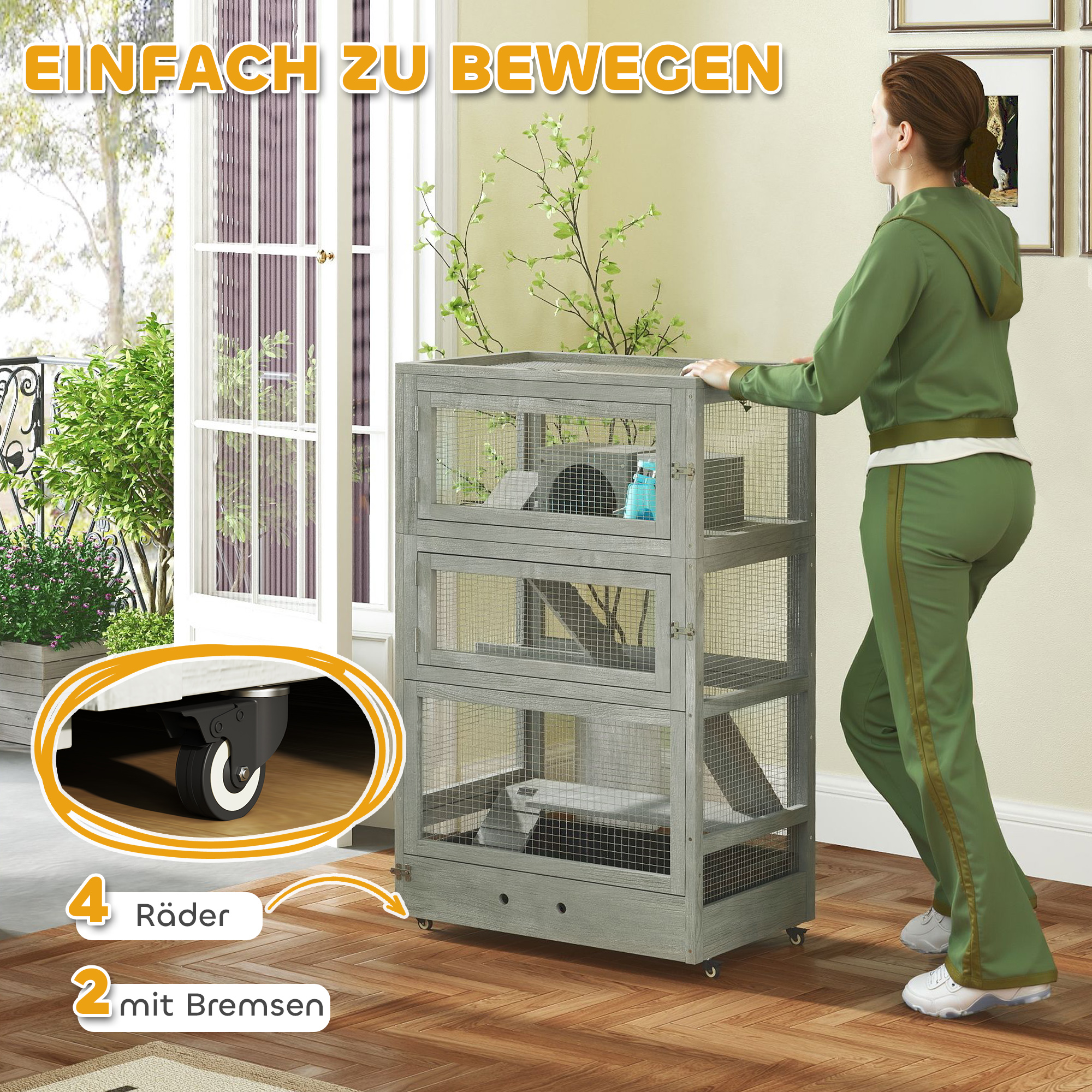 4-stufiger Hamsterkäfig aus Holz, mit Hütten, Wippe, Futterschalen, Rampen, Rollen, 65 x 45 x 109 cm, Grau