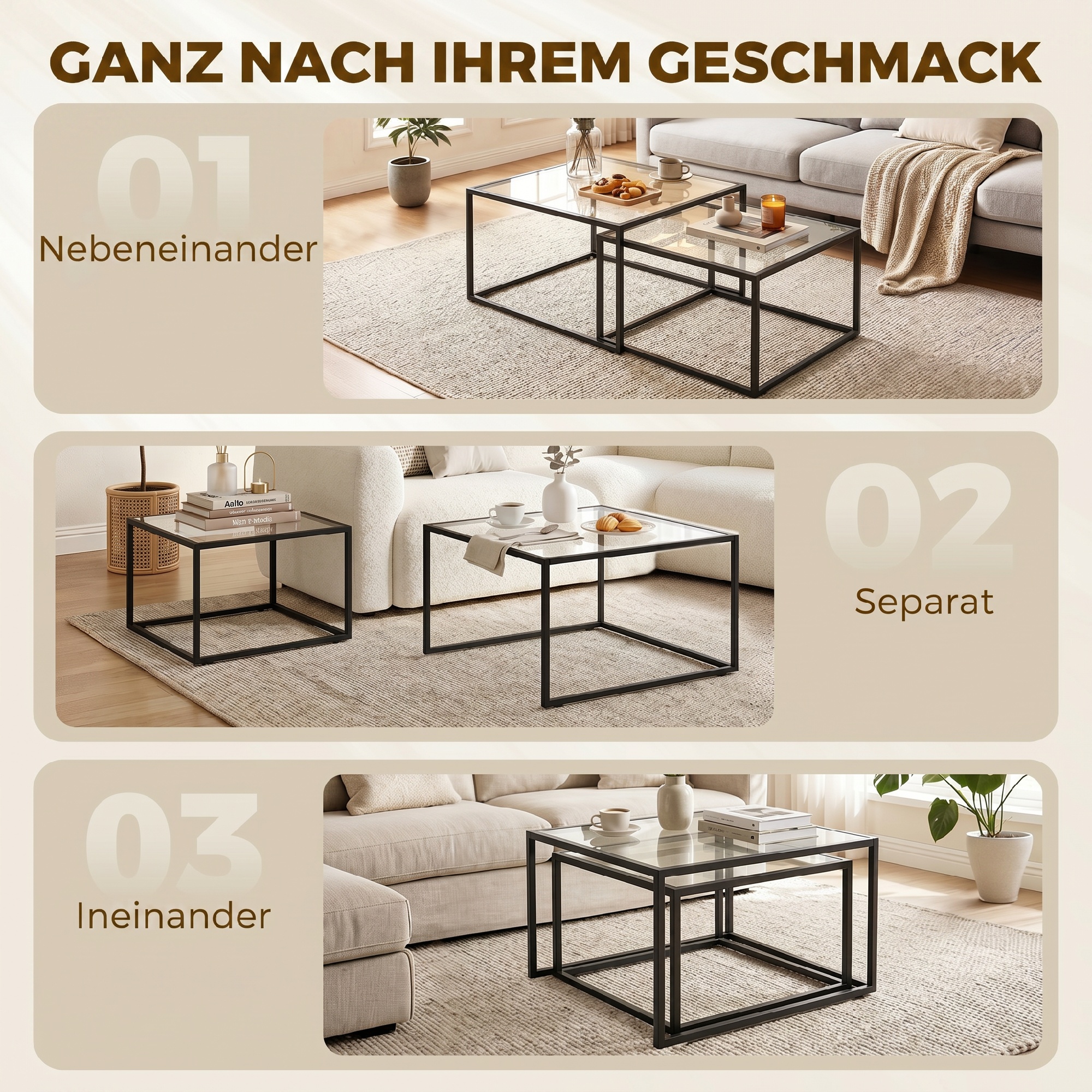 Couchtische 2er-Set Runder Satztisch mit gehärteter Glasplatte und Metallrahmen, für Wohnzimmer Schwarz