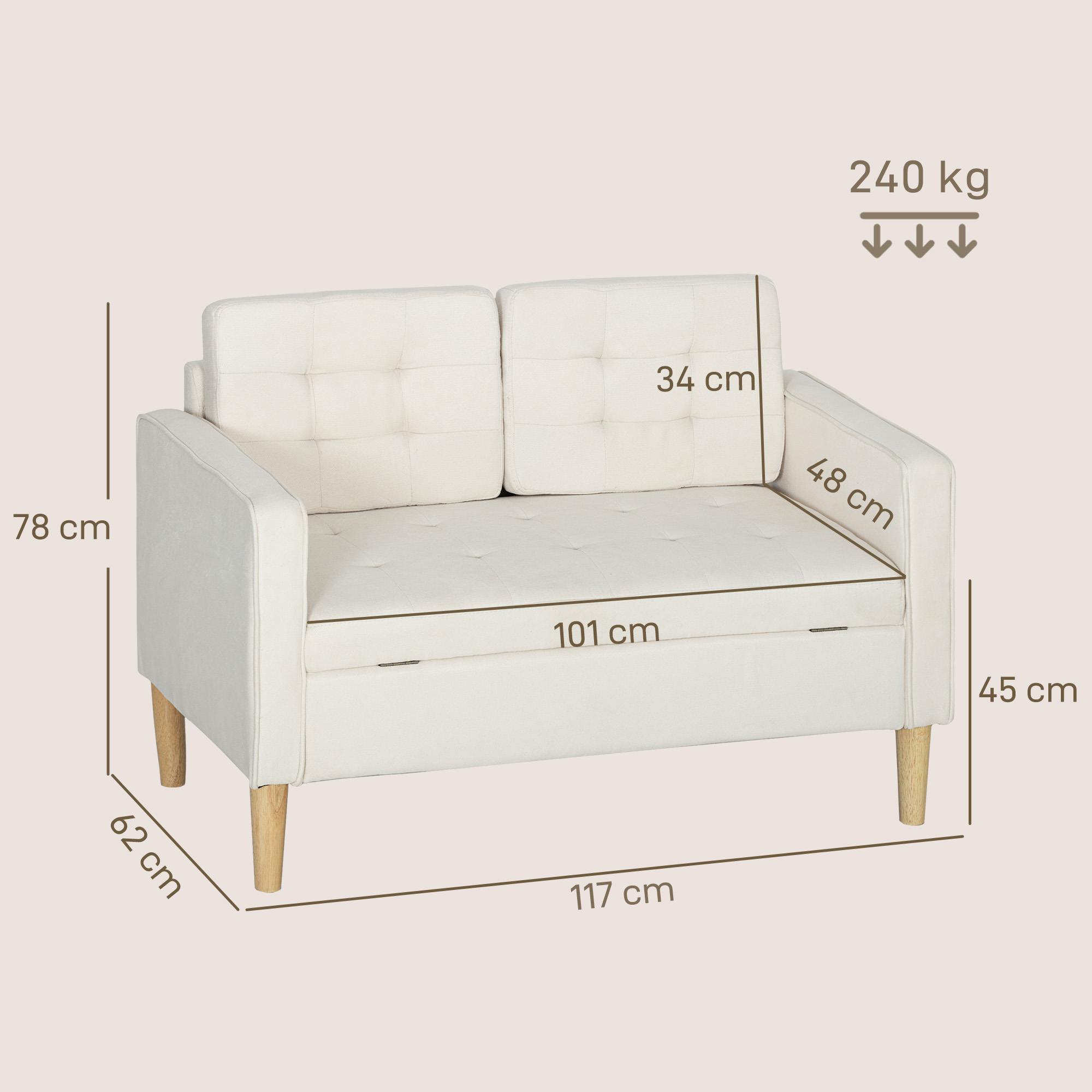 Zweisitzer-Sofa mit Stauraum, Knopfheftung, Kissen, Kautschukbaumholz, 117x62x78cm, Cremeweiß