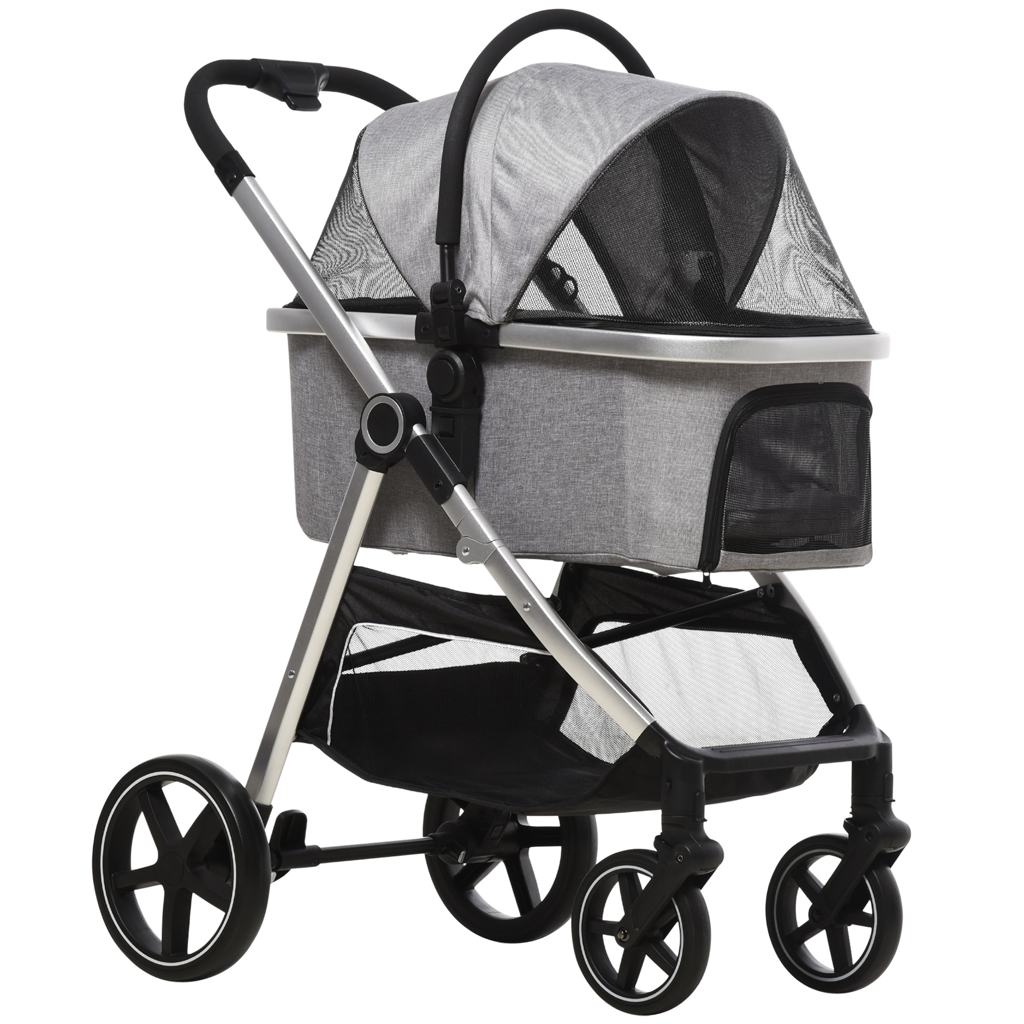 Hundebuggy Hundewagen bis 10 kg Klappbar Tragtasche Bodenkorb 83 cm x 58 cm x 102 cm, Hellgrau