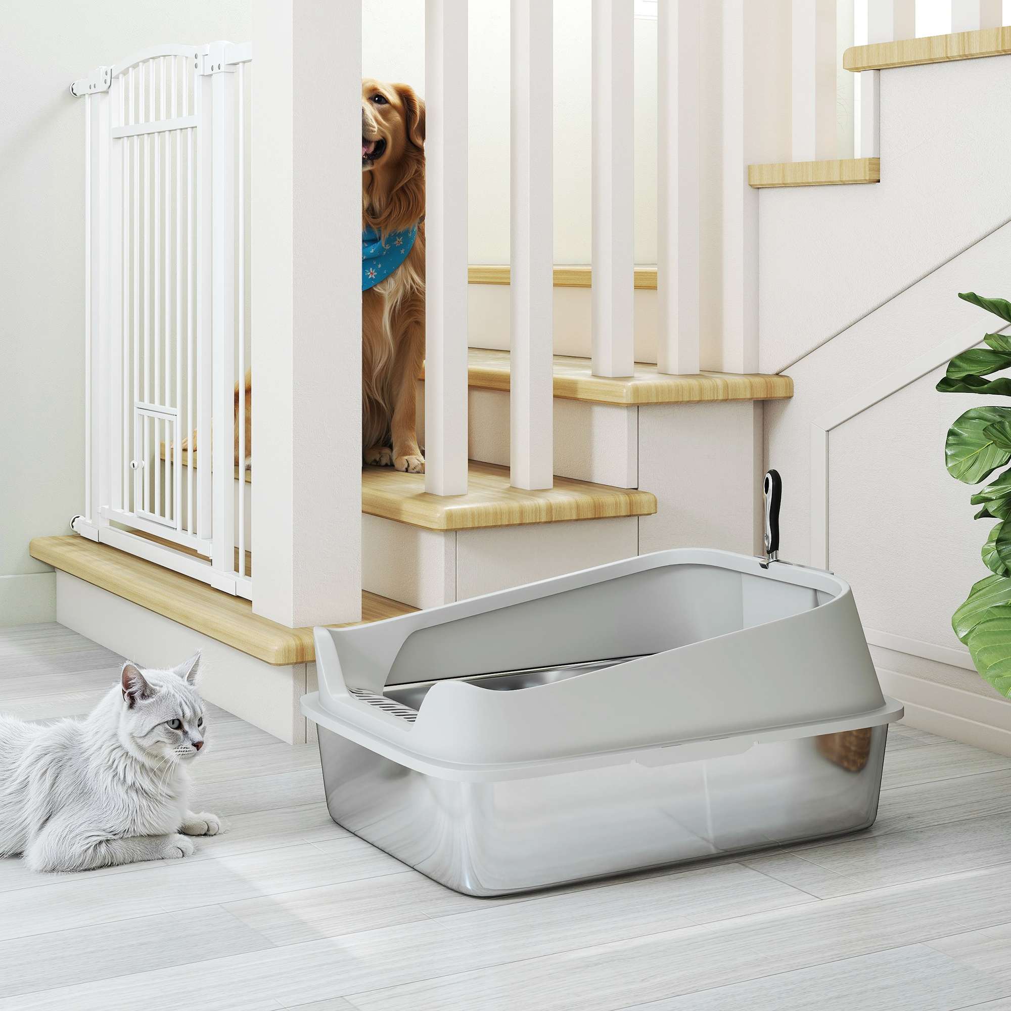 Katzentoilette Edelstahl Offene Katzenklo mit Schaufel hohem Rand für große Katzen bis 12 kg 69,8 x 50,3 x 29,8 cm Grau