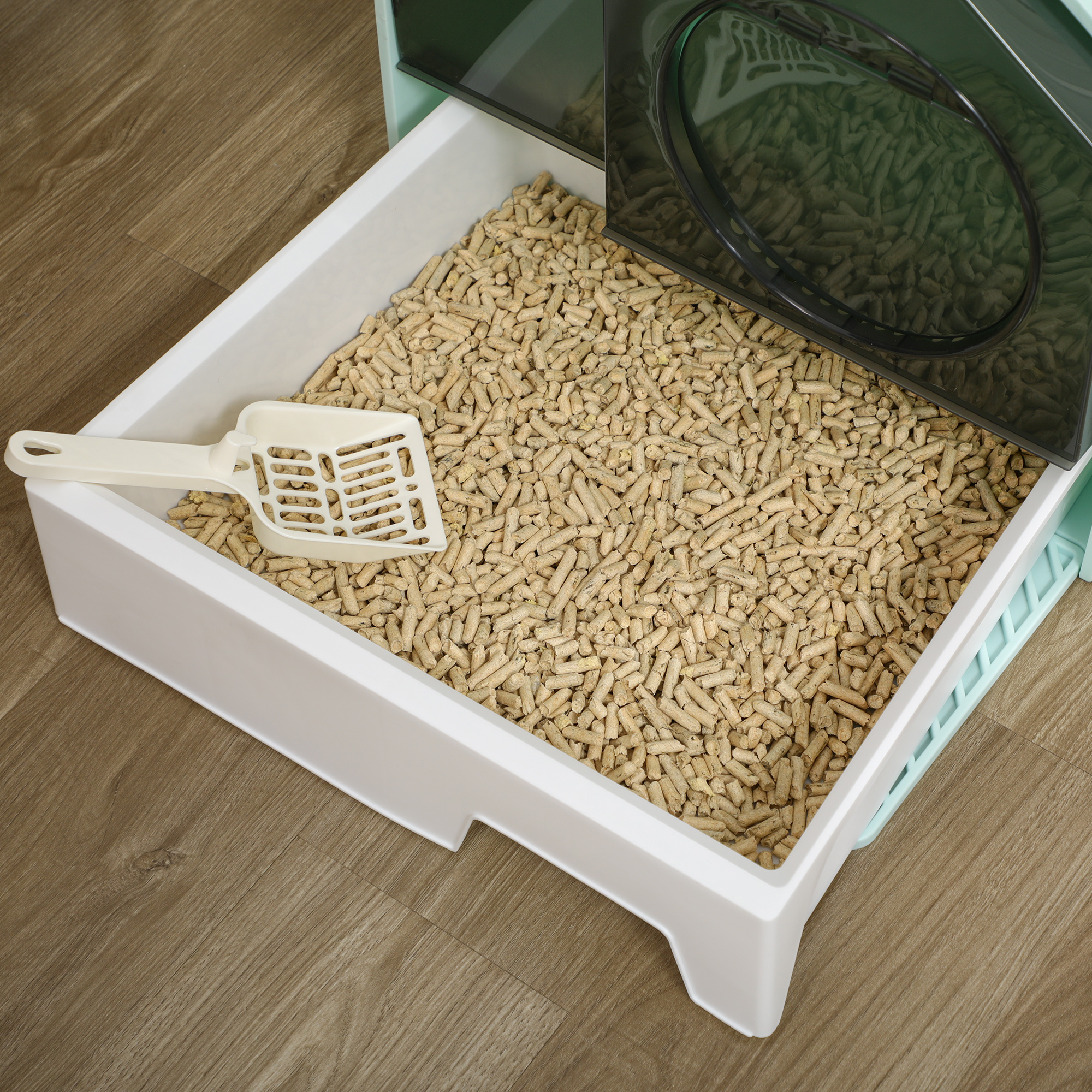 Katzentoilette Katzenklo, Hütten-Design, 1 Siebvorleger, 1 Streuschaufel, herausnehmbare Bodenwanne, Grün + Weiß
