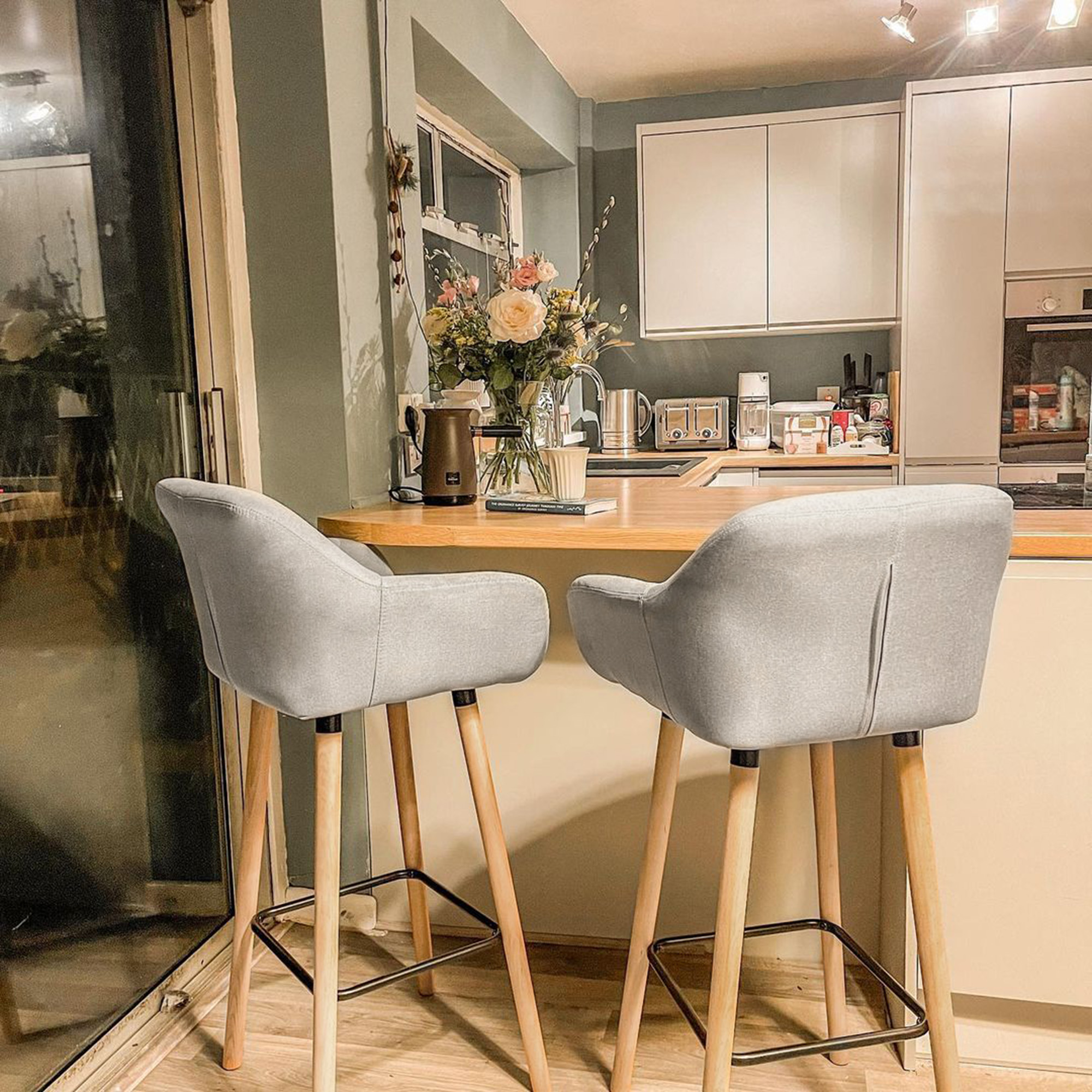 2er-Set Barhocker, inkl, Fußstütze, Massivholz, 55 cm x 48c m x 100 cm,  Beige