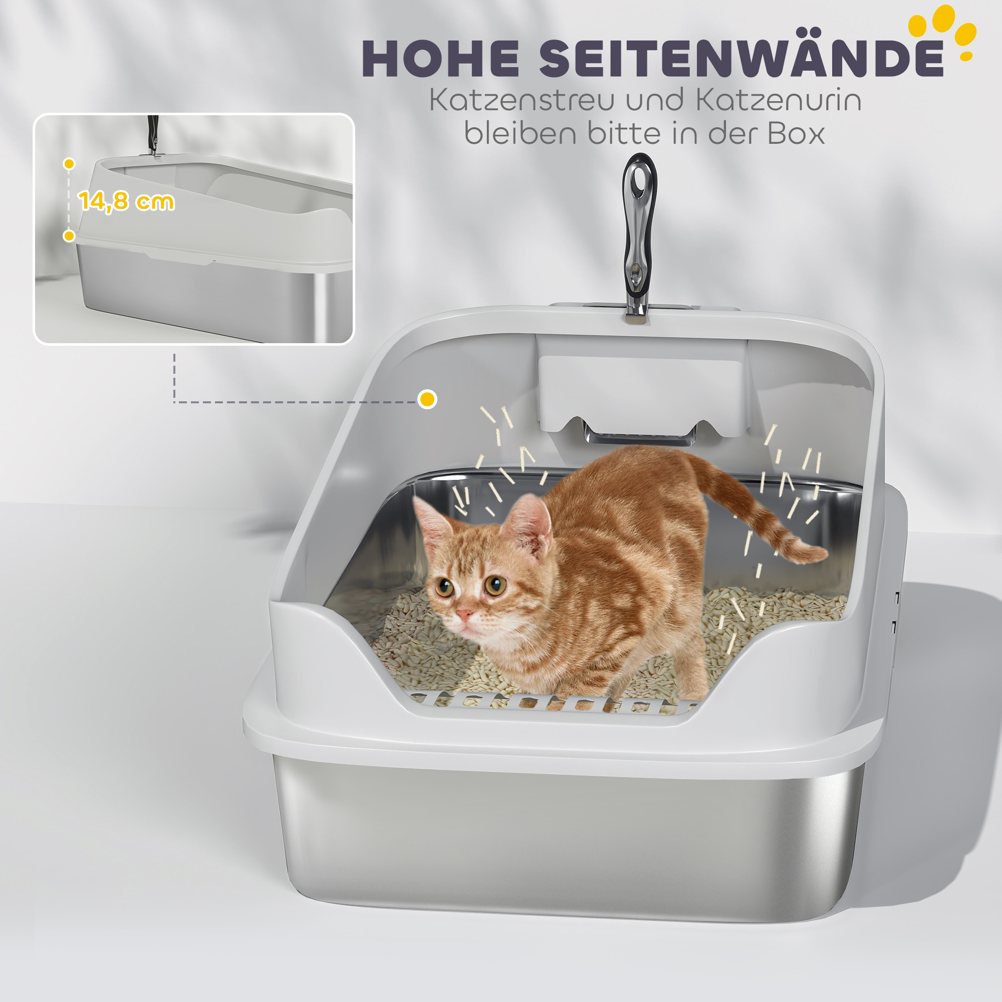 Katzentoilette Edelstahl Offene Katzenklo mit Schaufel hohem Rand für große Katzen bis 7 kg, 60,2 x 40,2 x 29,7 cm, Grau