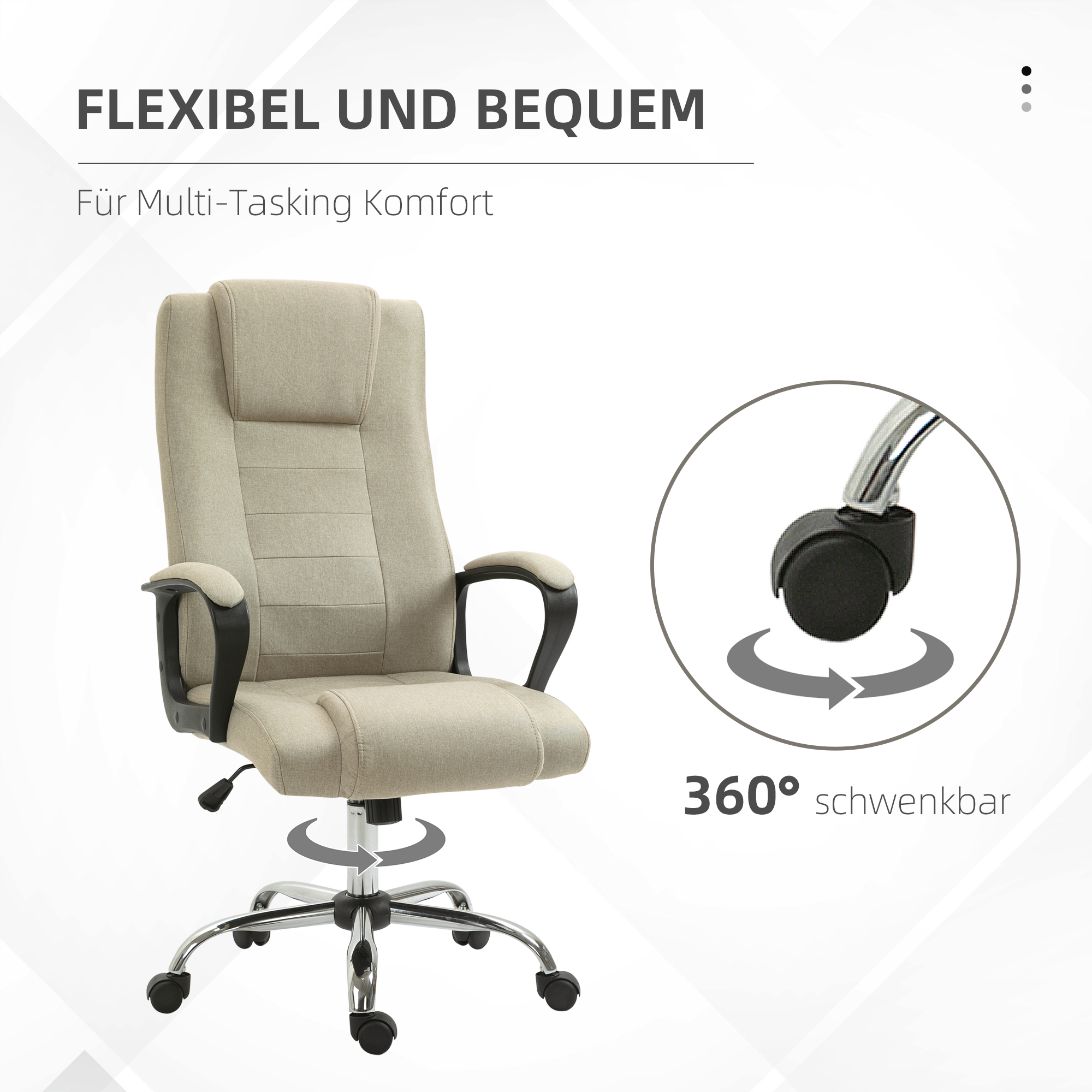 Bürostuhl in Leinenoptik, höhenverstellbar, Wippfunktion, 5 Rollen, Beige