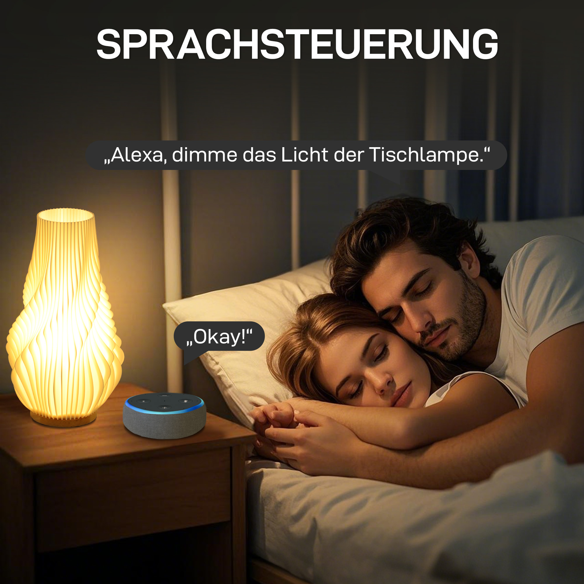Smart Tischlampe mit App-Steuerung, Alexa-kompatibel, Kunststoff, Holz, Weiß