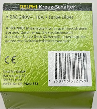 DELPHI Kreuzschalter / 250V~/ 10A, inkl. Rahmen, UP, silber